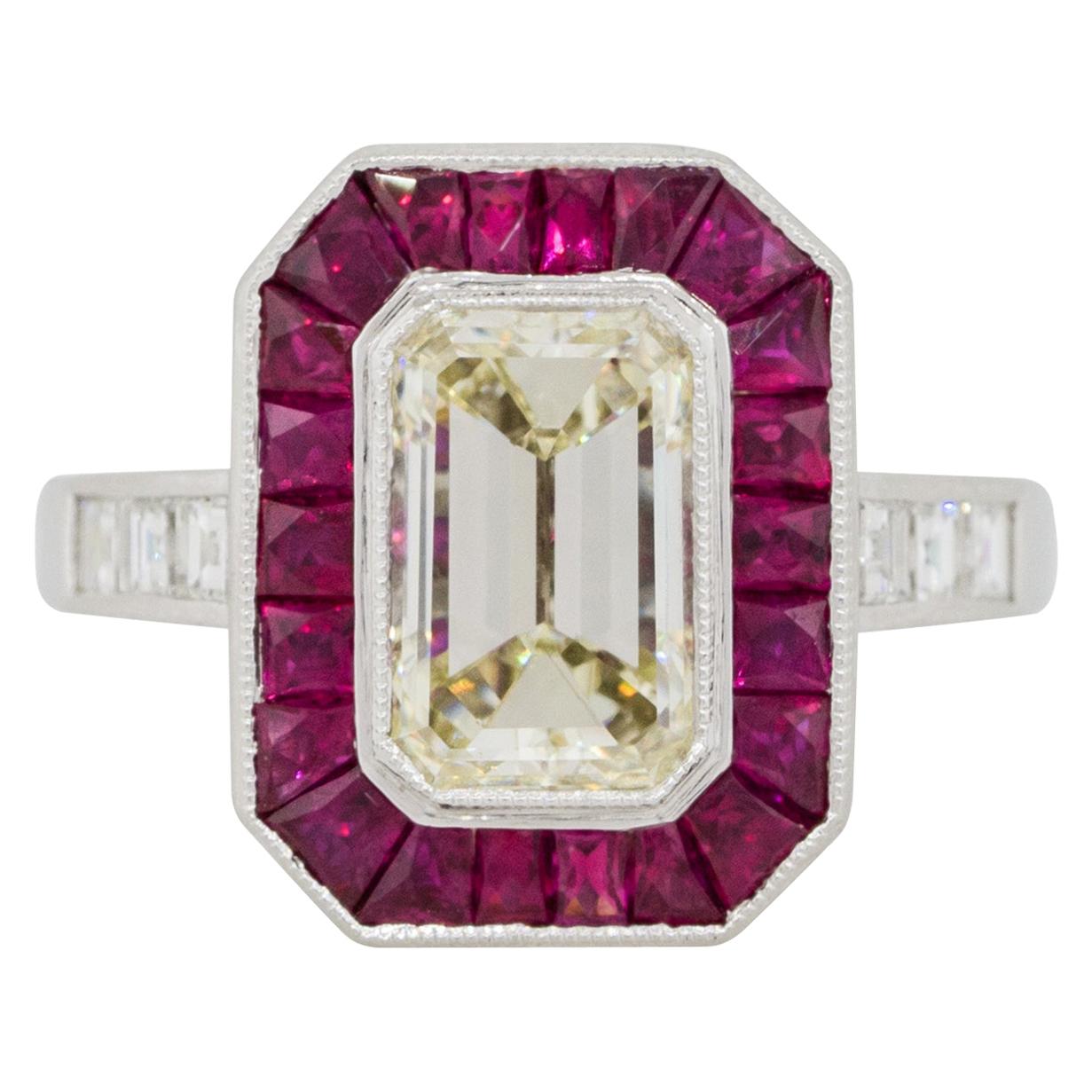 2.03 Carat Emerald Cut Diamond Center Ring with Rubies Platinum in Stock