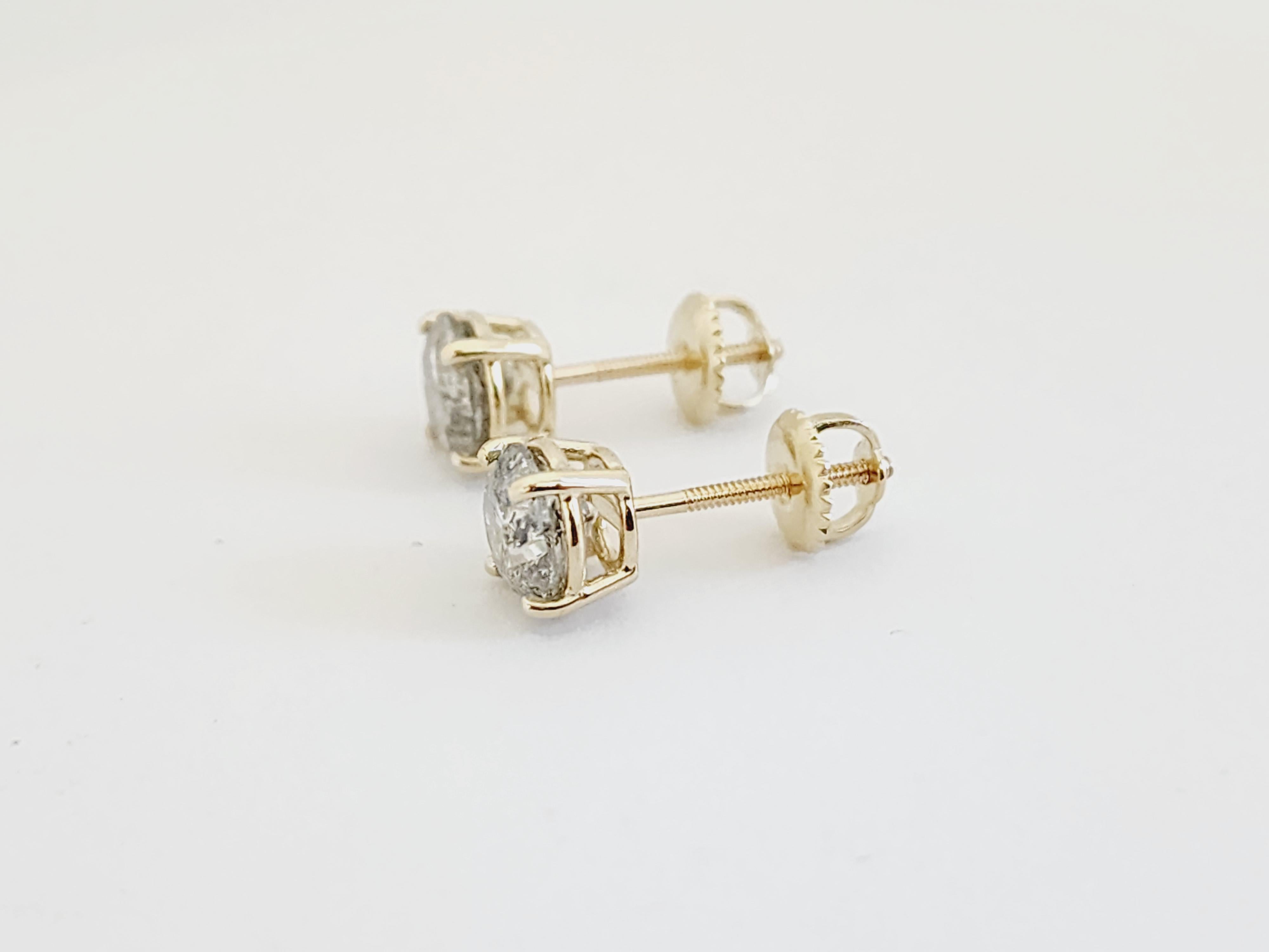 Women's or Men's 2.03 Carat Natural Diamond Round Studs Yellow Gold 14 Karat