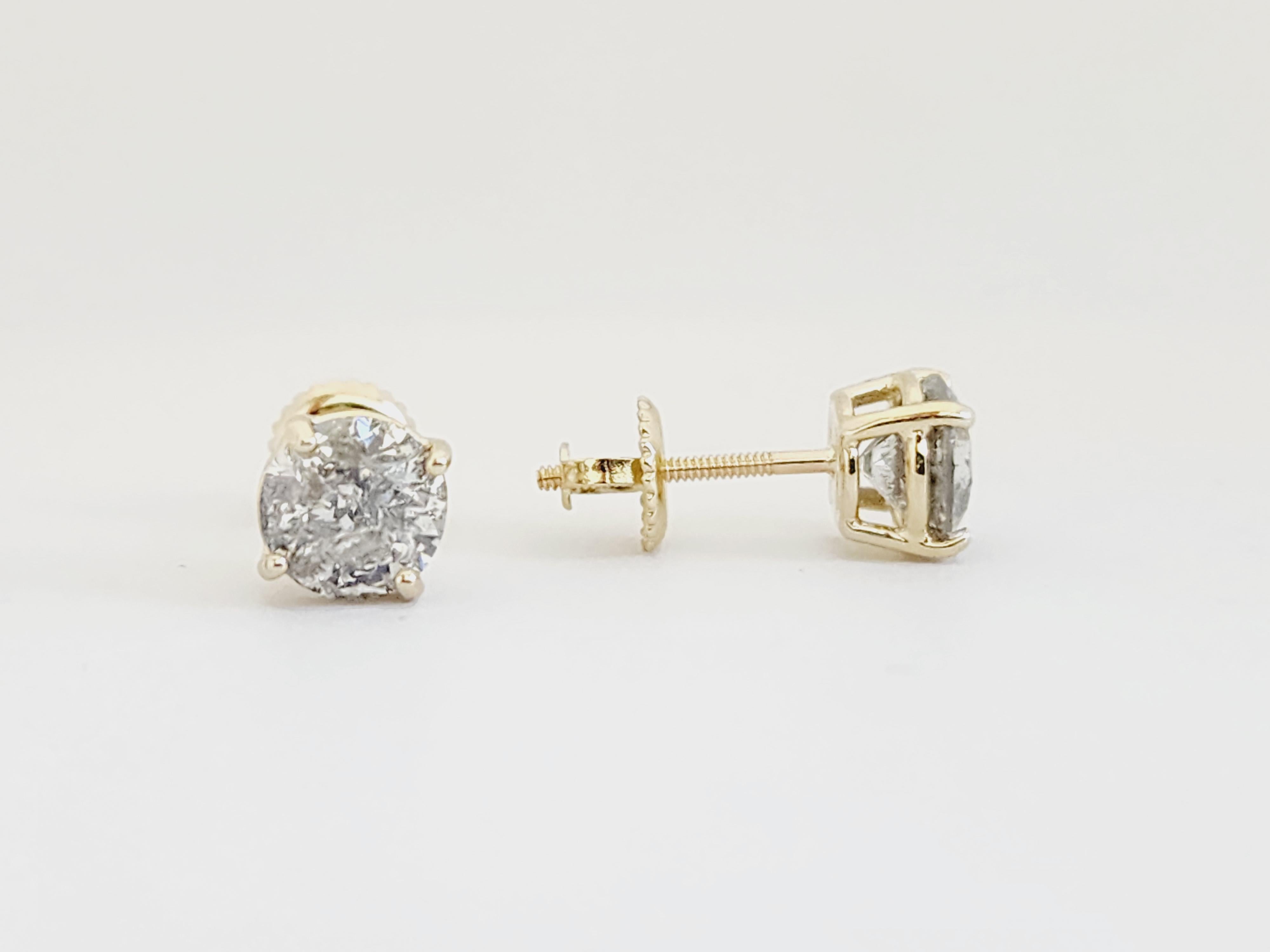 2.03 Carat Natural Diamond Round Studs Yellow Gold 14 Karat 2