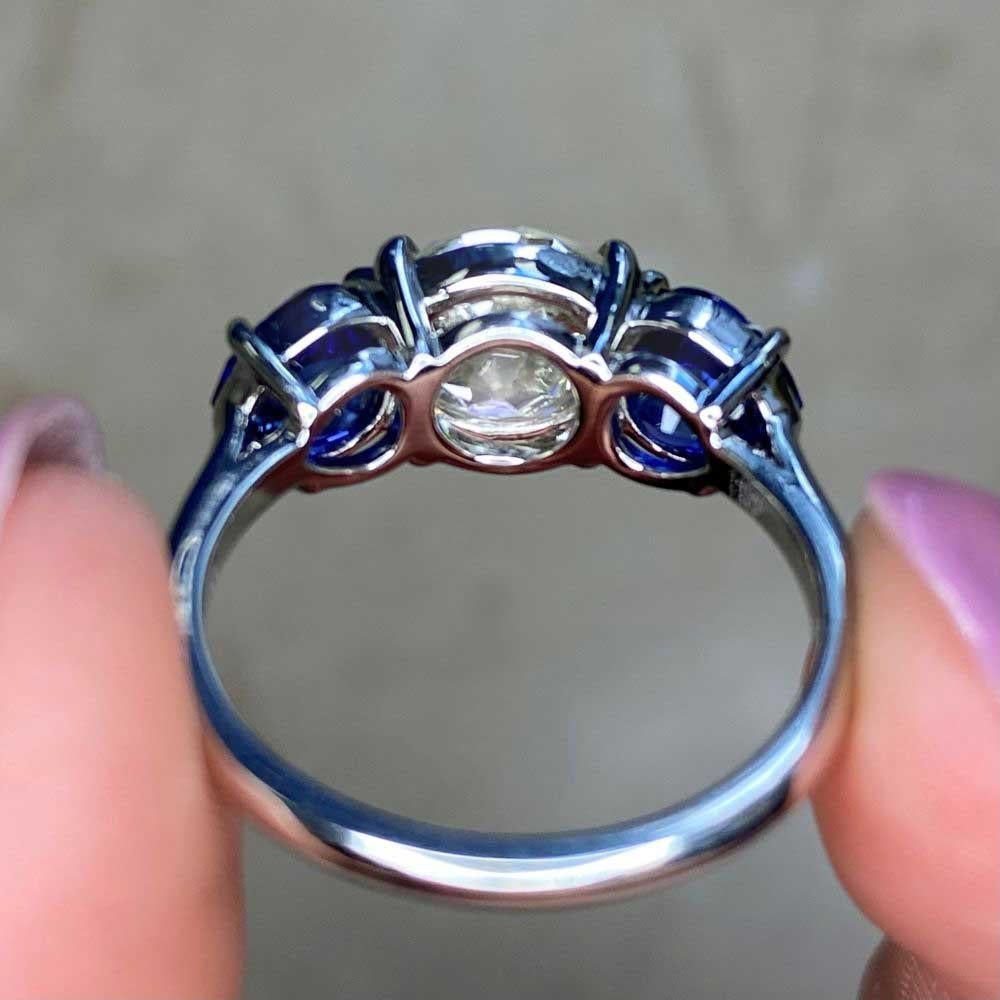 2.03 Carat Old Euro-cut Diamond Engagement Ring, Platinum, Sapphire Accents For Sale 2