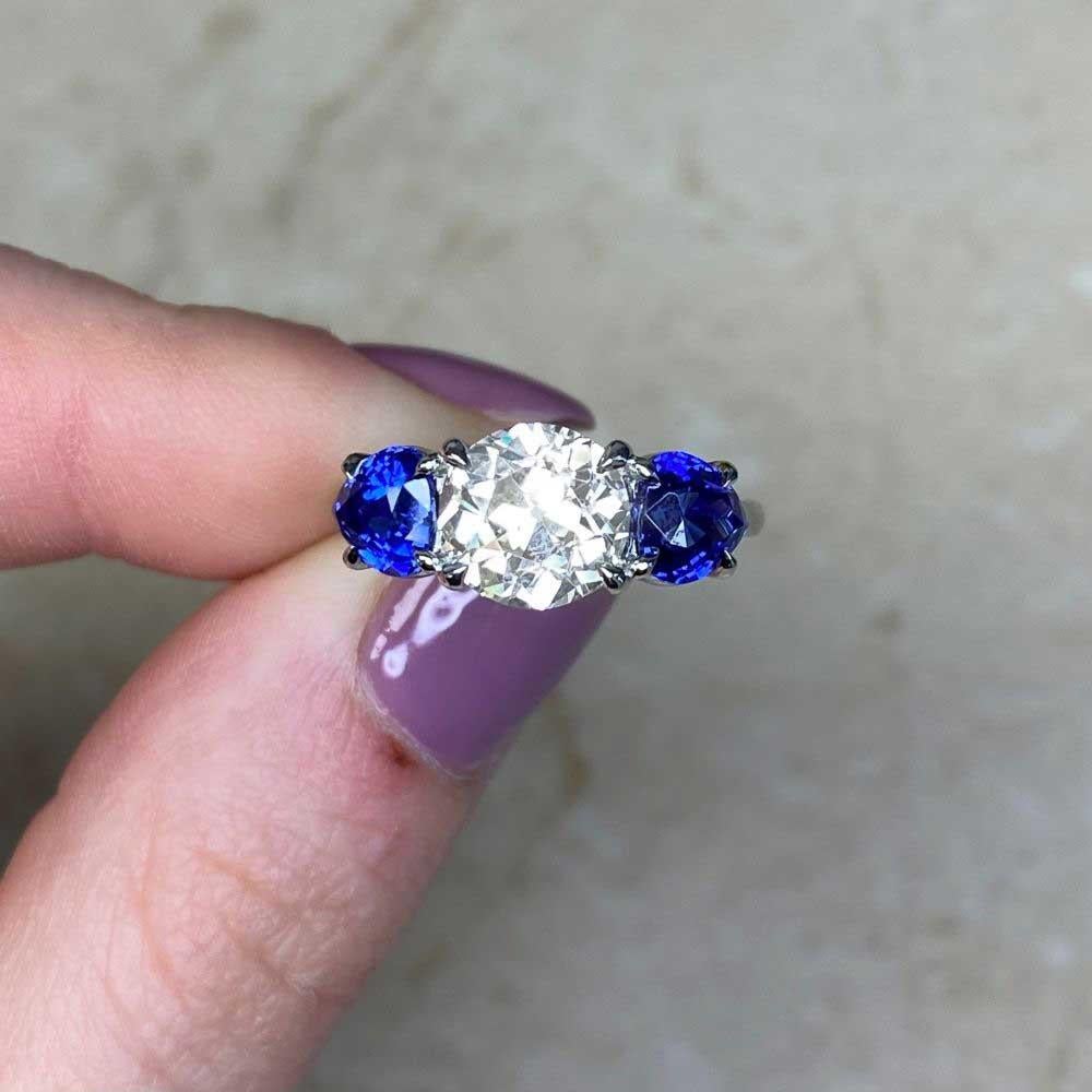 2.03 Carat Old Euro-cut Diamond Engagement Ring, Platinum, Sapphire Accents For Sale 1