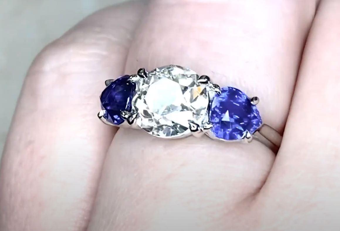 Old European Cut 2.03 Carat Old Euro-cut Diamond Engagement Ring, Platinum, Sapphire Accents For Sale