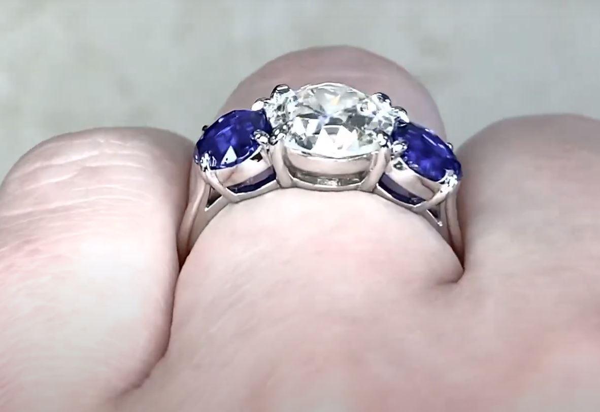 2.03 Carat Old Euro-cut Diamond Engagement Ring, Platinum, Sapphire Accents In Excellent Condition For Sale In New York, NY