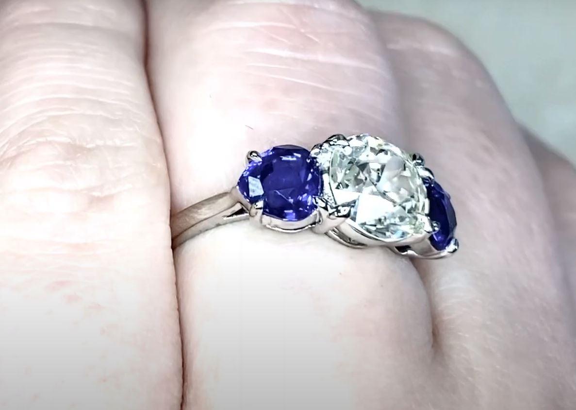 Art Deco 2.03 Carat Old Euro-cut Diamond Engagement Ring, Platinum, Sapphire Accents For Sale