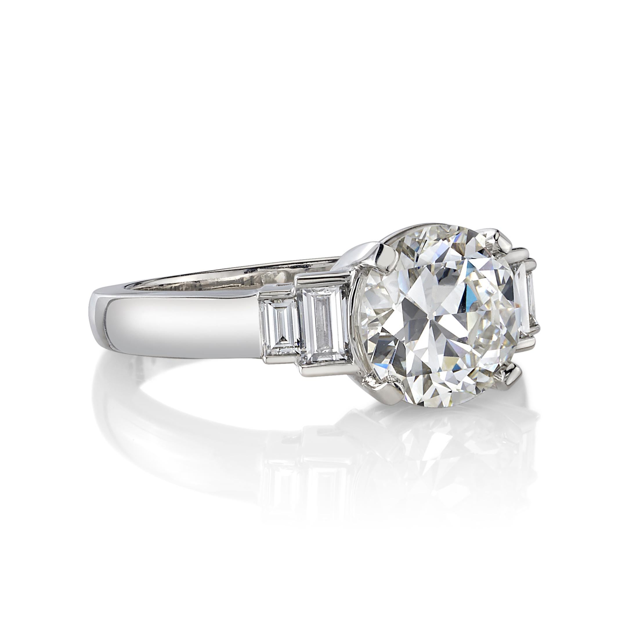 2.03ct H/VVS2 GIA certified old European cut diamond with 0.31ctw baguette cut diamond accents set in a handcrafted platinum mounting.

Ring is a size 6 and can be sized to fit.

Our jewelry is made locally in Los Angeles and most pieces are made to