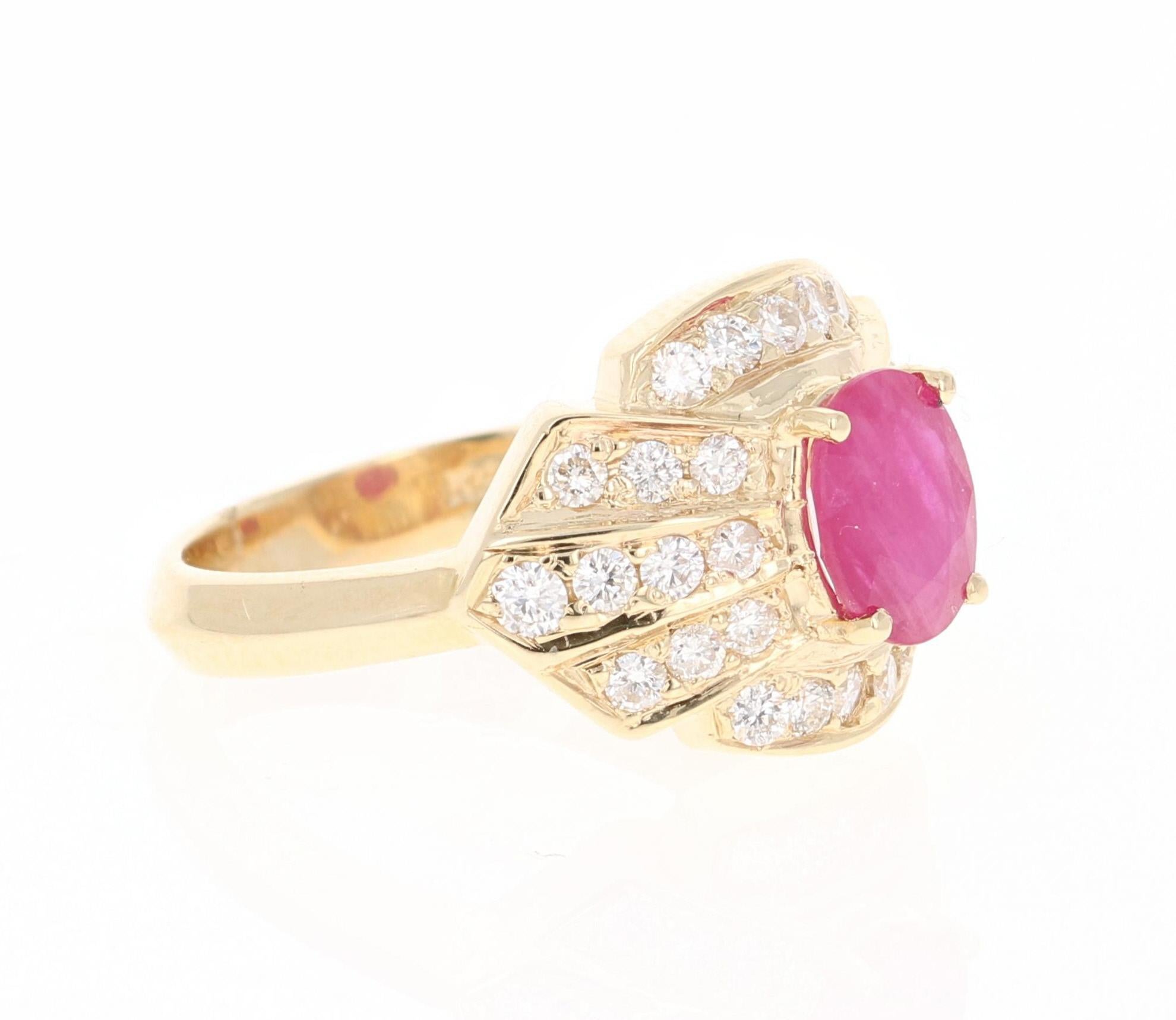 This ring has a 1.32 Carat Oval Cut Burmese Ruby that is set in the center and is surrounded by 30 Round Cut Diamonds that weigh 0.71 carats. The Clarity and Color of the Diamonds is SI-F  The total carat weight of the ring is 2.03 Carats.

The ring