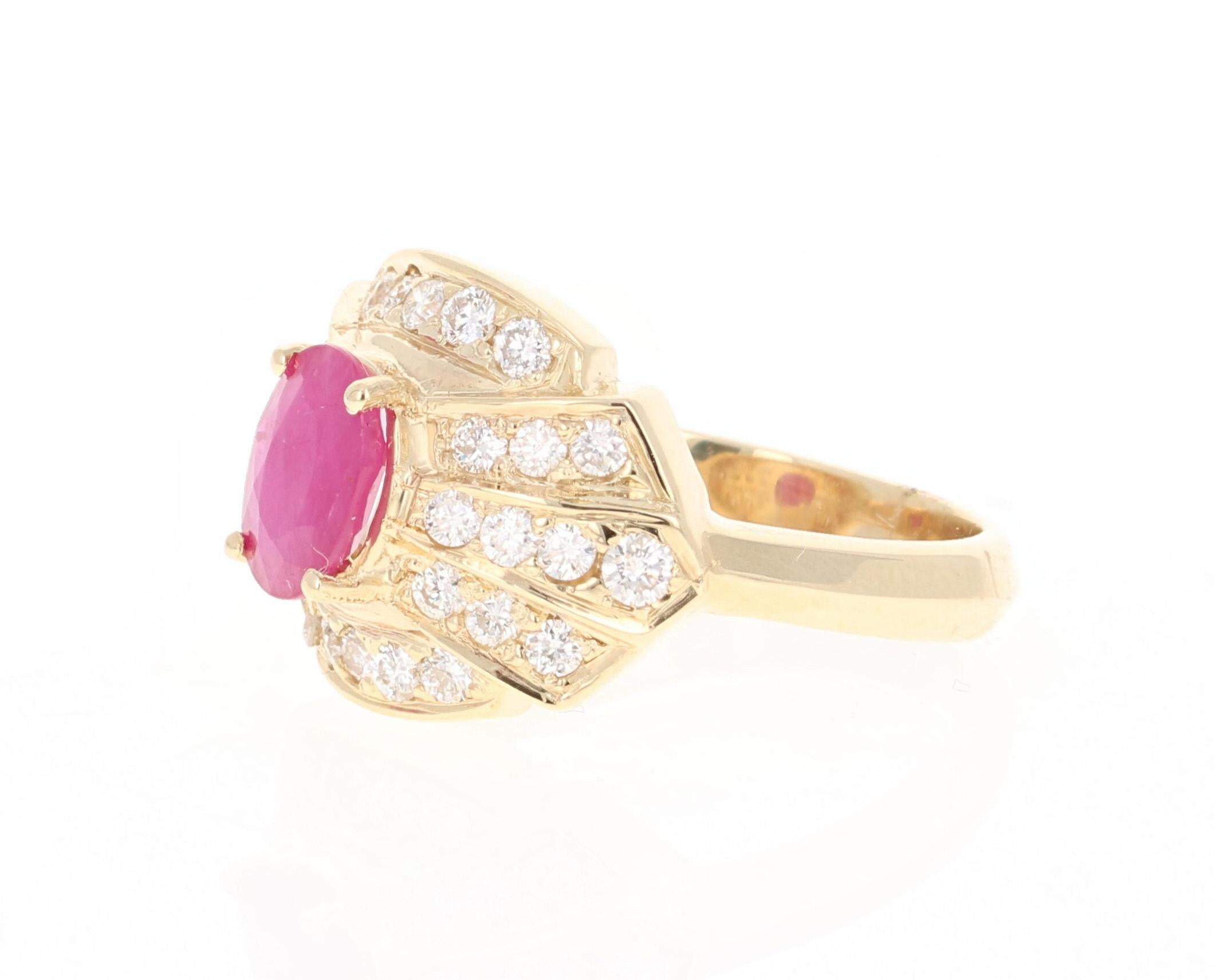 Modern 2.03 Carat Oval Cut Burmese Ruby Diamond 14 Karat Yellow Gold Ring For Sale