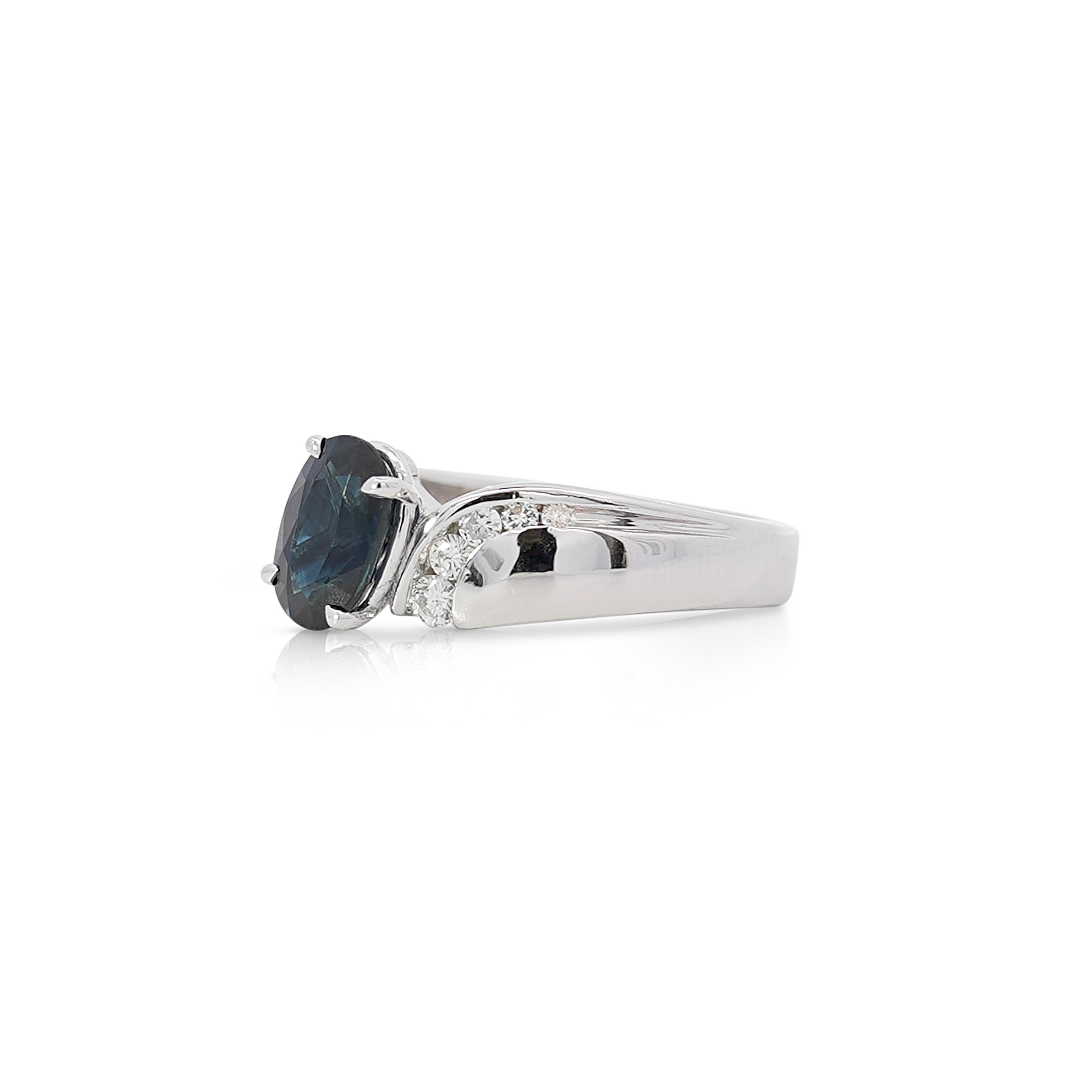 Natural 2.03 Carat Oval Cut Sapphire with 0.3 CTTW Natural Round Brilliant Cut Diamond Accent Bypass Setting Platinum 950 Ring, Size 6.25.

Details:
Item Type: Statement Ring
Metal: Platinum 950
Size: 6.25 (adjustable)
Weight: 12.01 Grams

Center