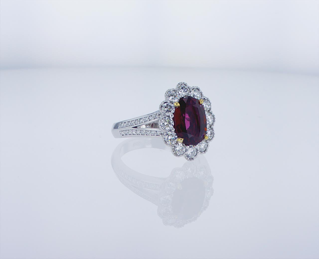 Modern 2.03 Carat Oval Thai Ruby Ring W/1.08 Carat TW of Diamonds in 18k WG W/Palladium For Sale