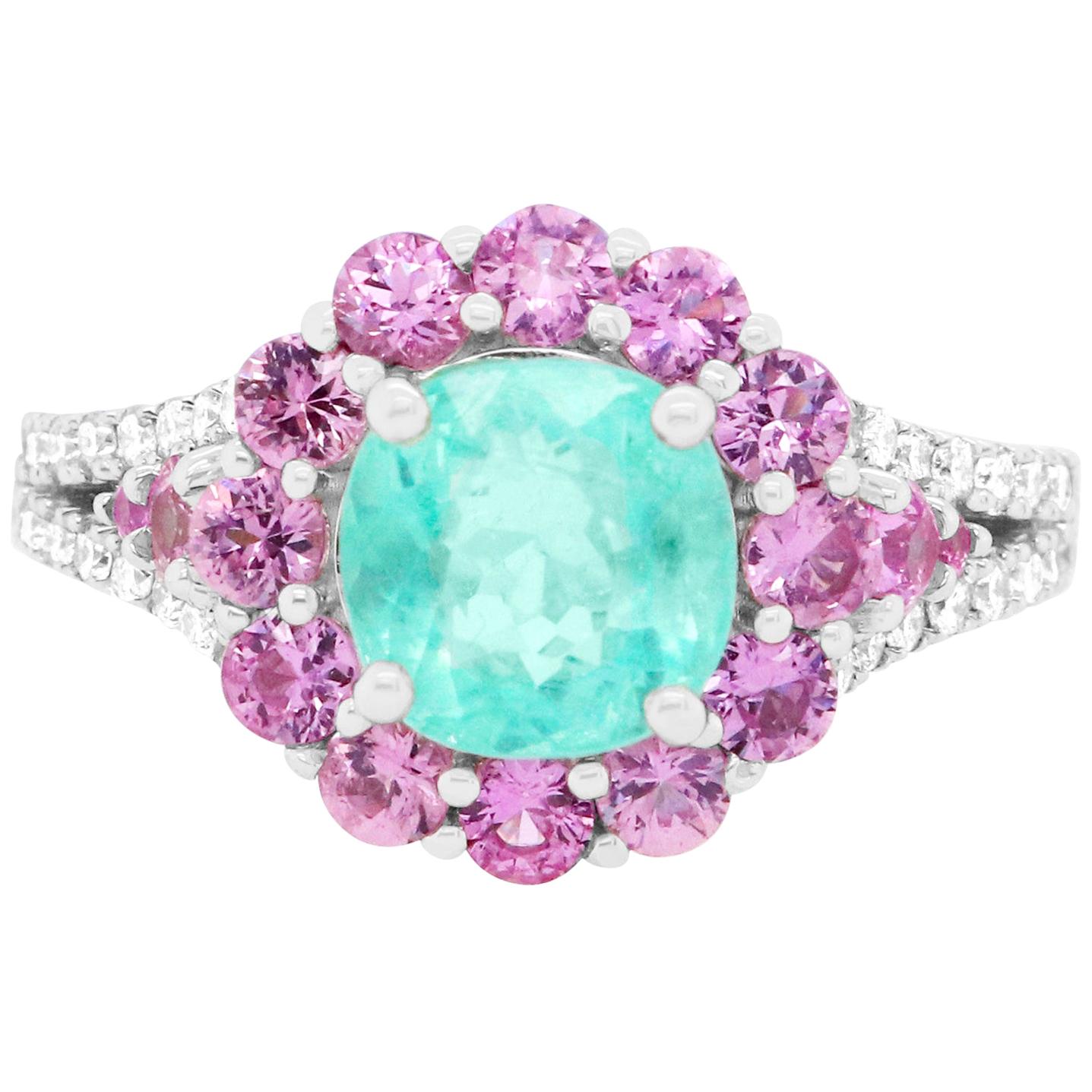 2.03 Carat Paraiba Tourmaline, Pink Sapphire and Diamond Engagement Ring