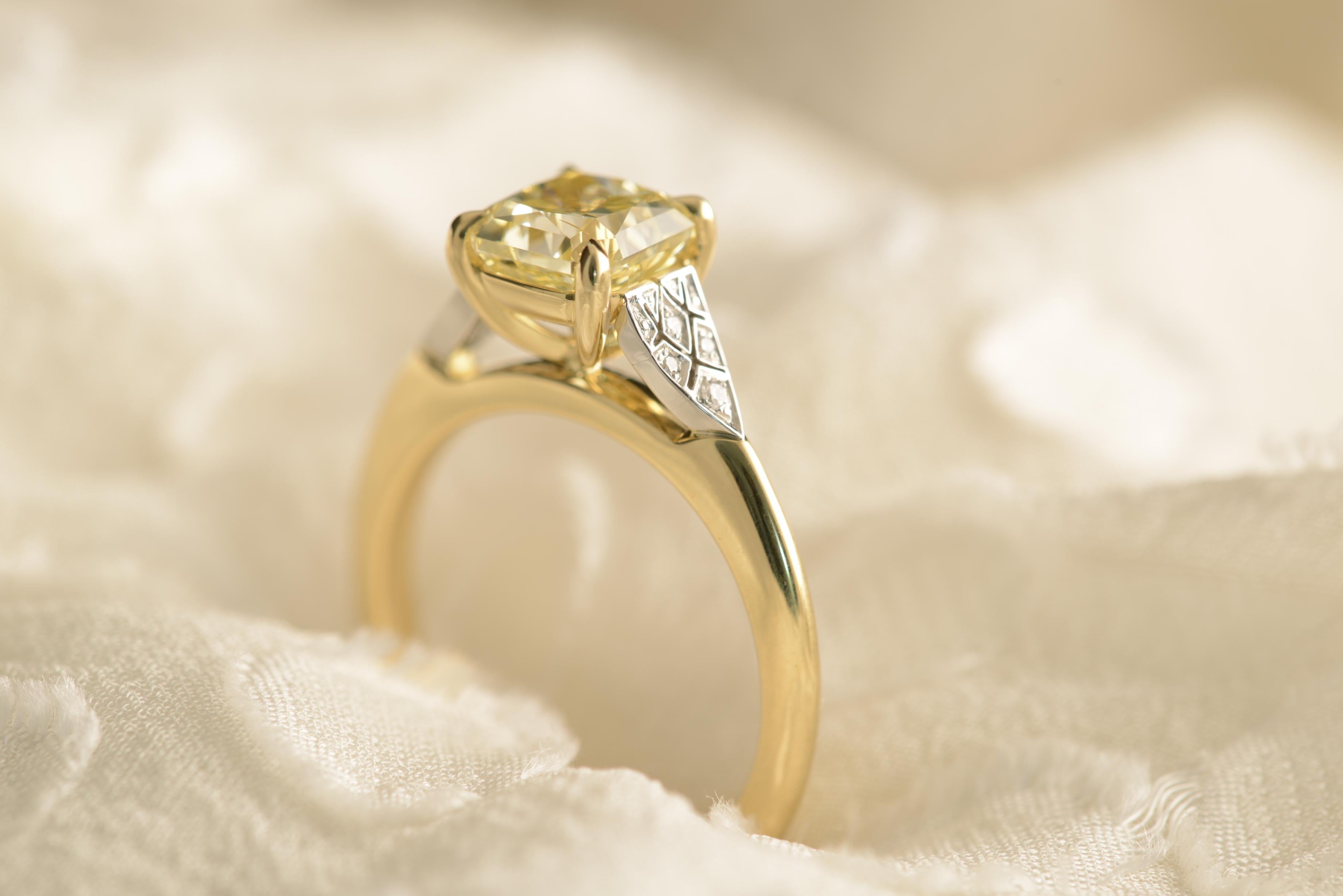 2.03 Carat Radiant Cut Fancy Yellow Diamond Engagement Ring with Art Deco Detail For Sale 1