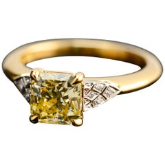 2.03 Carat Radiant Cut Fancy Yellow Diamond Engagement Ring with Art Deco Detail