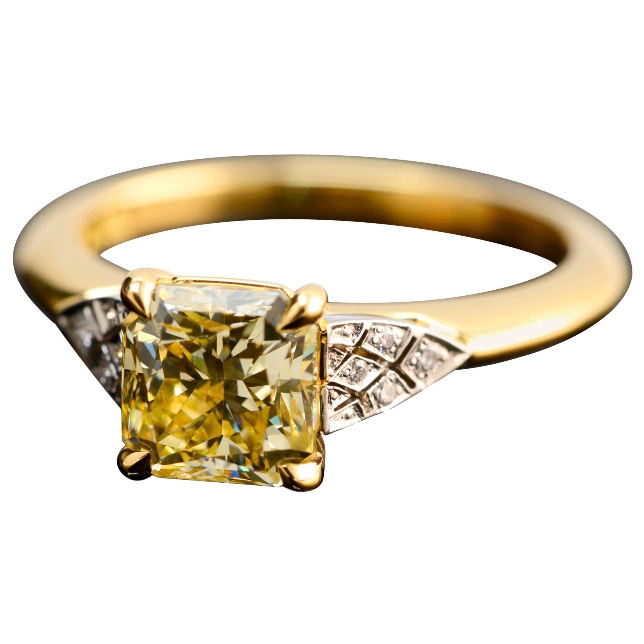 2.03 Carat Radiant Cut Fancy Yellow Diamond Engagement Ring with Art Deco Detail For Sale