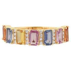 2.03 Carat Rainbow Sapphire & Diamond Half Eternity Band Ring in 14K Yellow Gold