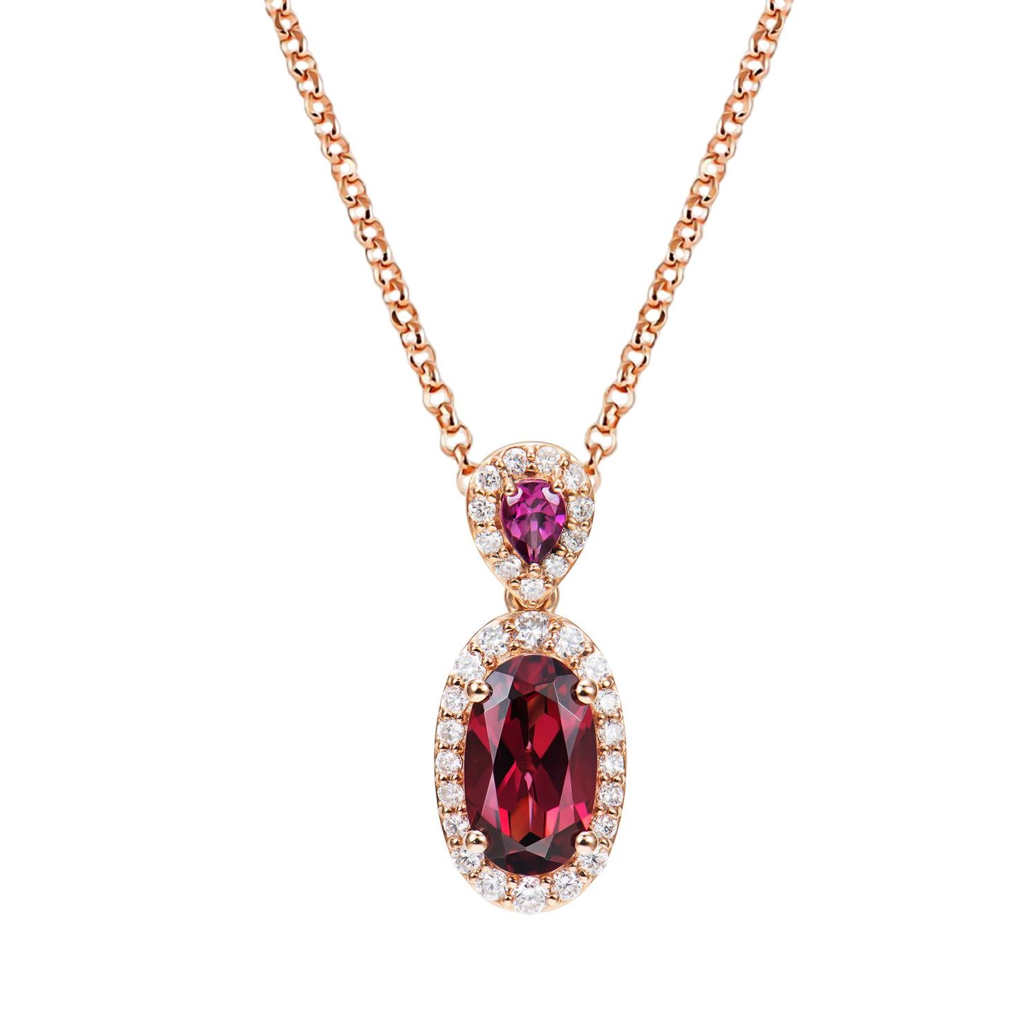 Celebrating Magenta as the color of the year for 2023, we present our exclusive Radiating Rhodolite collection. The magnificent magenta hues in these gems are brought to life in a classic rose gold setting with white diamonds.

Rhodolite Pendant in