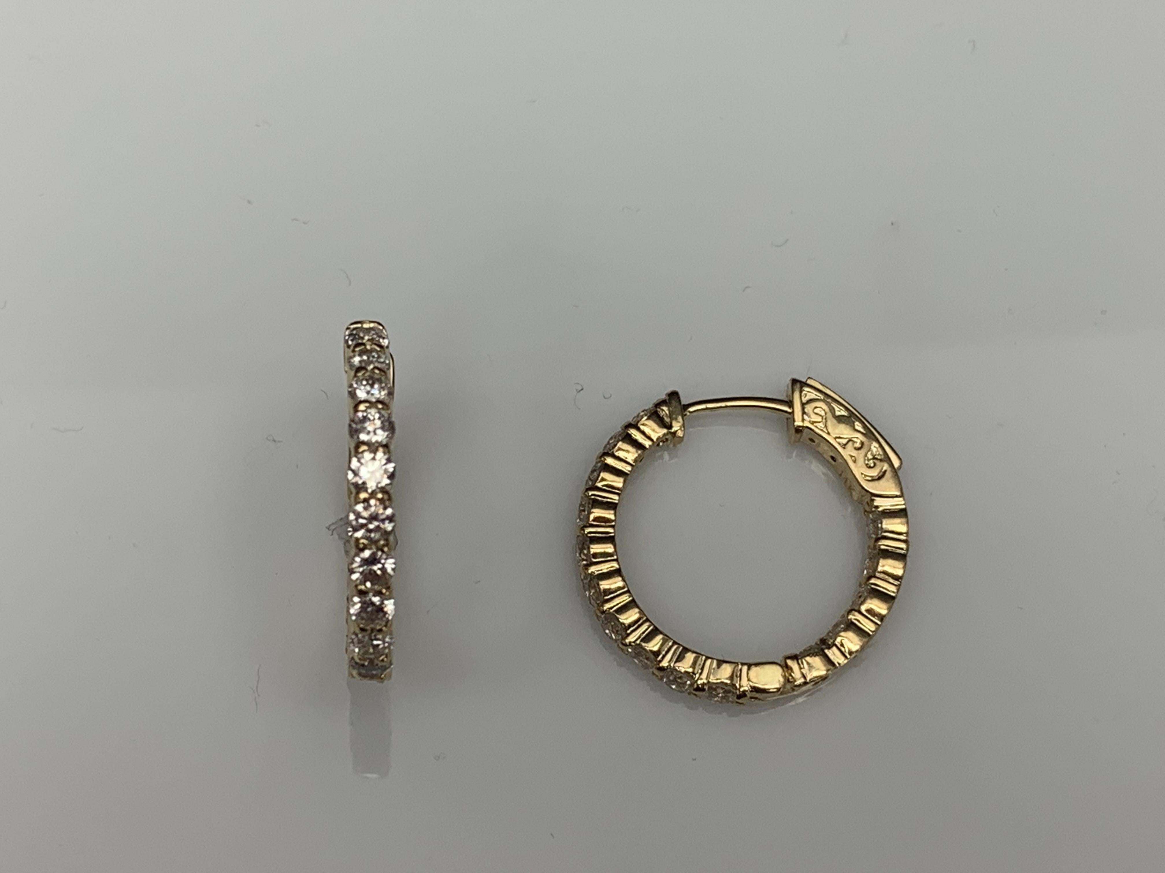 2.03 Carat Round Cut Diamond Hoop Earrings in 14K Yellow Gold For Sale 1
