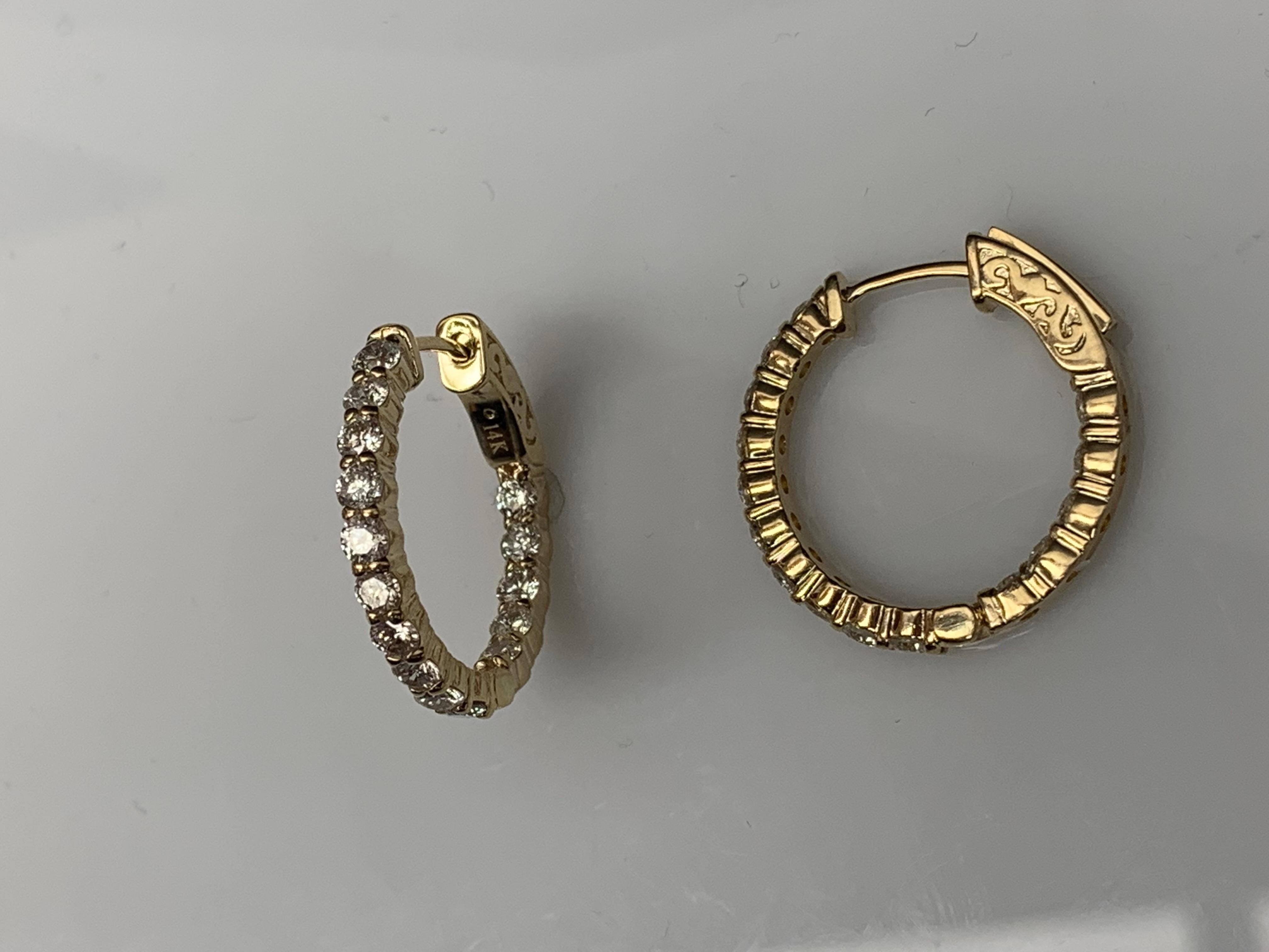 2.03 Carat Round Cut Diamond Hoop Earrings in 14K Yellow Gold For Sale 2