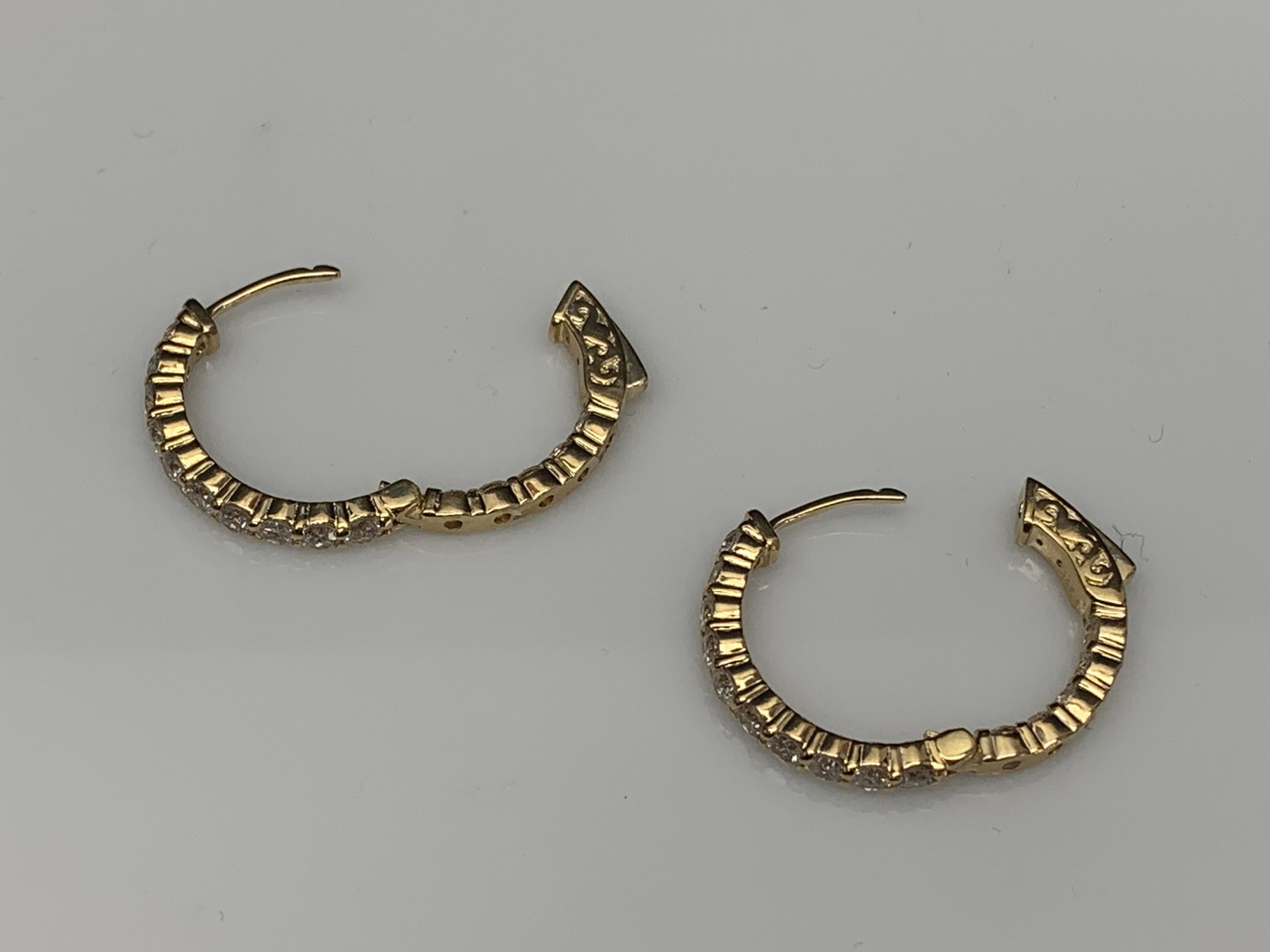 2.03 Carat Round Cut Diamond Hoop Earrings in 14K Yellow Gold For Sale 3