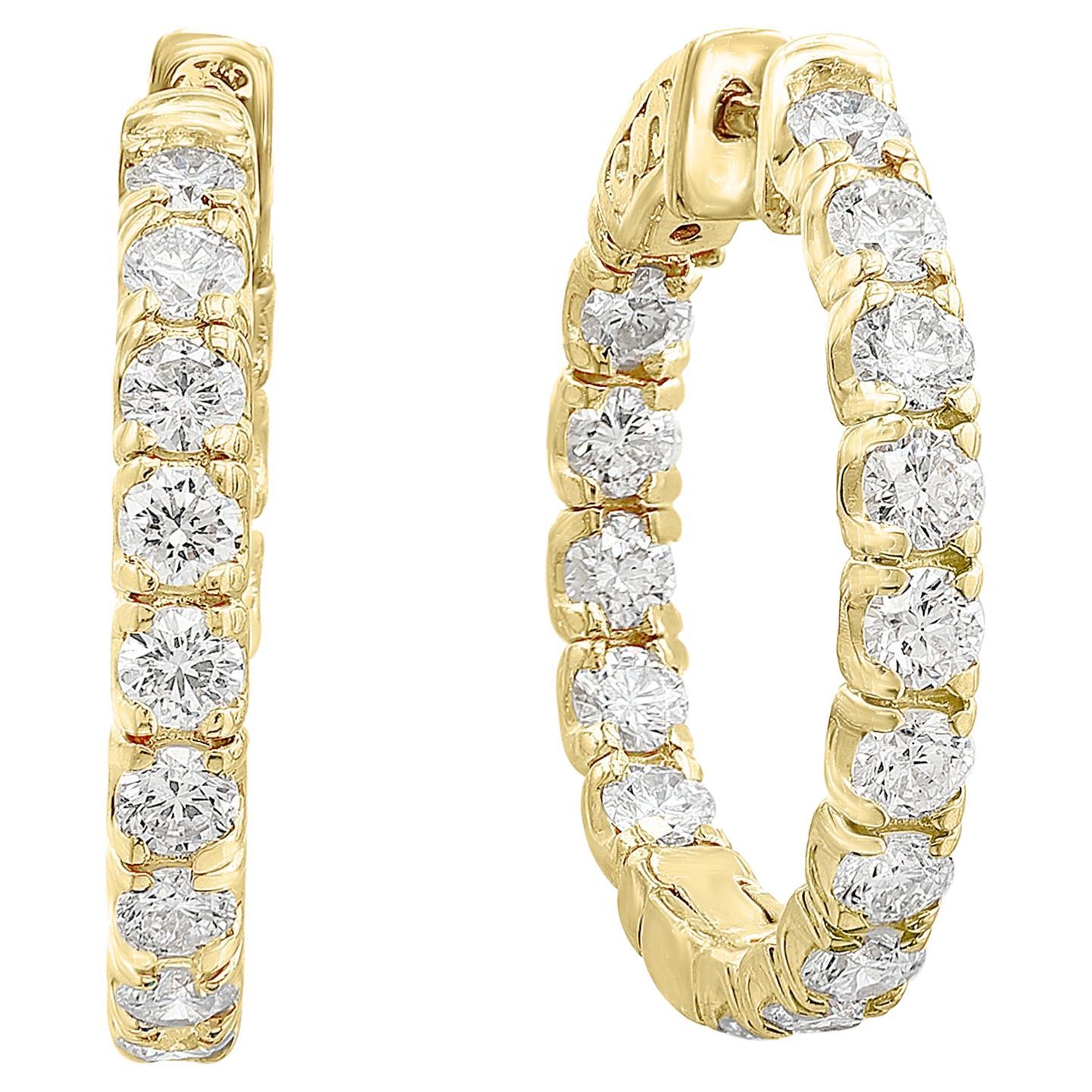 2.03 Carat Round Cut Diamond Hoop Earrings in 14K Yellow Gold For Sale