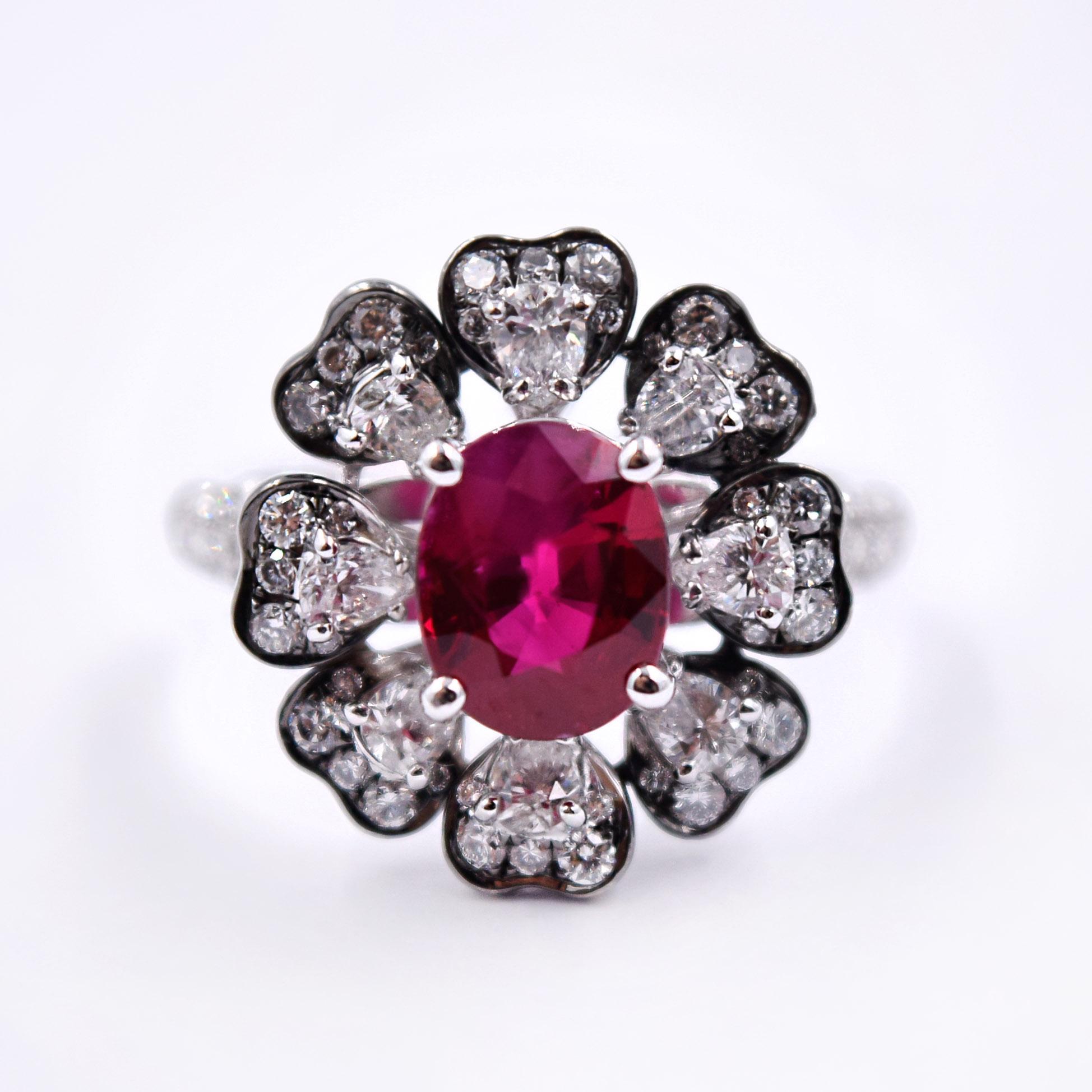 Contemporary 2.03 Carat Ruby and 1.08 Carat White Diamond Cocktail Ring in 18K Palladium Gold For Sale
