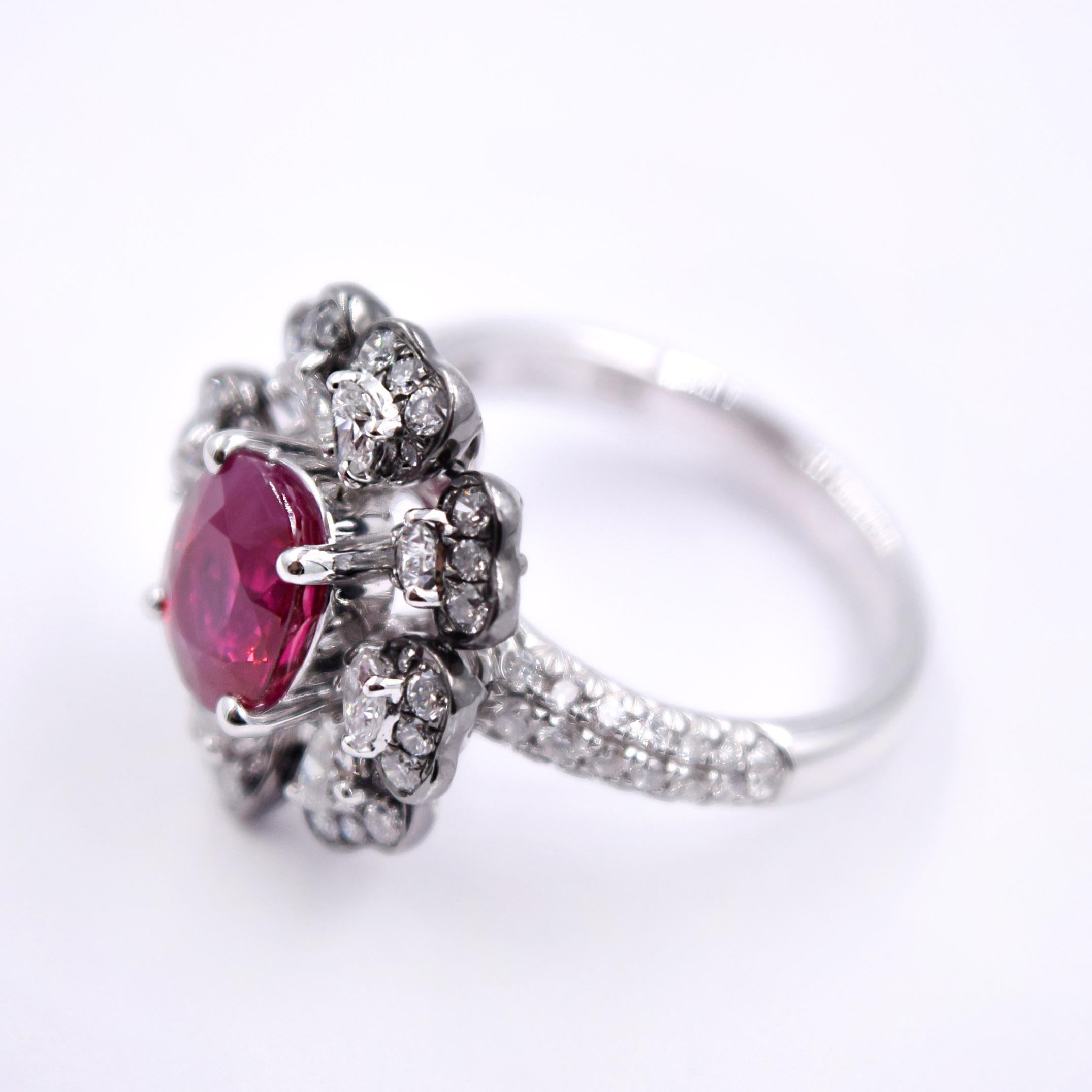 Oval Cut 2.03 Carat Ruby and 1.08 Carat White Diamond Cocktail Ring in 18K Palladium Gold For Sale
