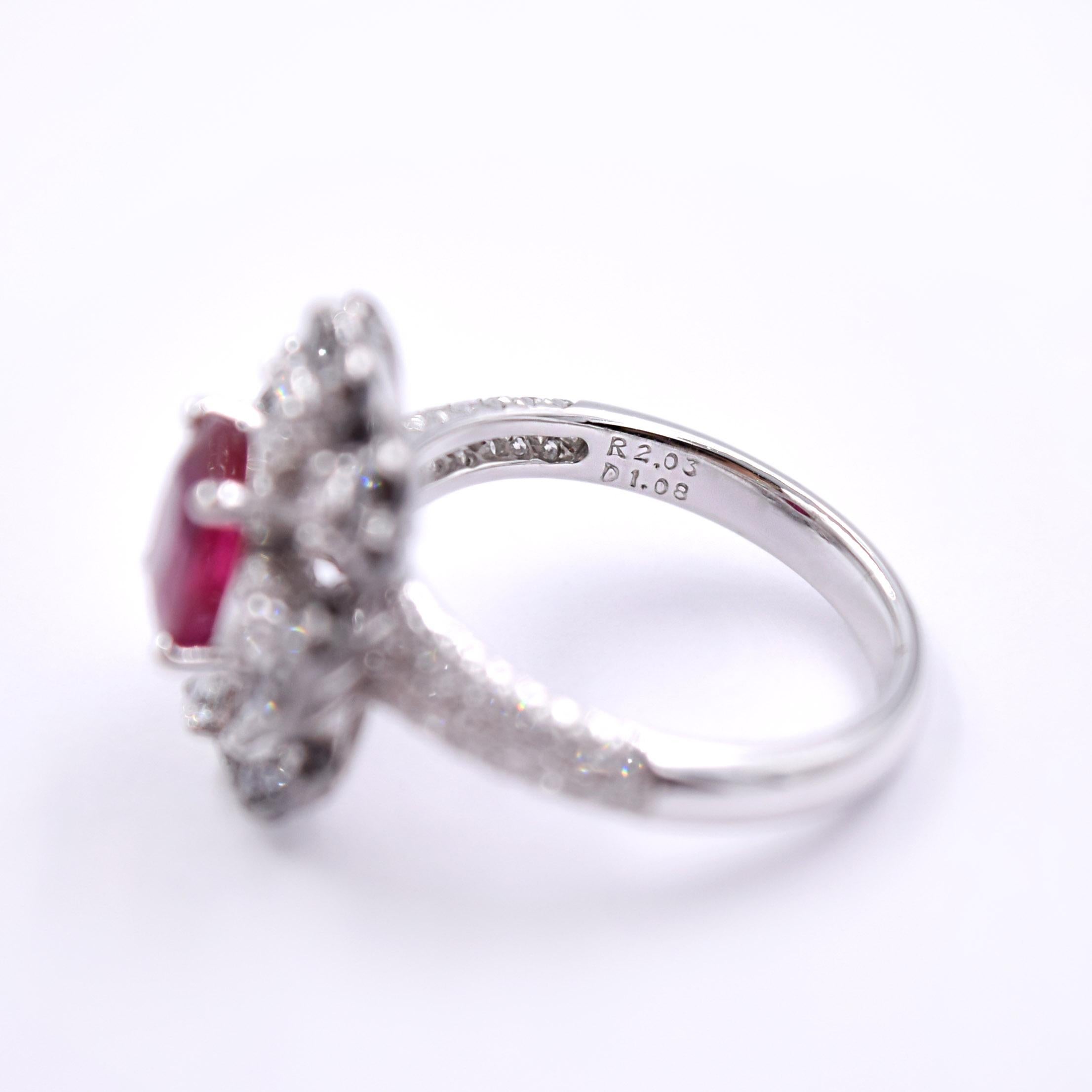 2.03 Carat Ruby and 1.08 Carat White Diamond Cocktail Ring in 18K Palladium Gold In New Condition For Sale In Mill Valley, CA