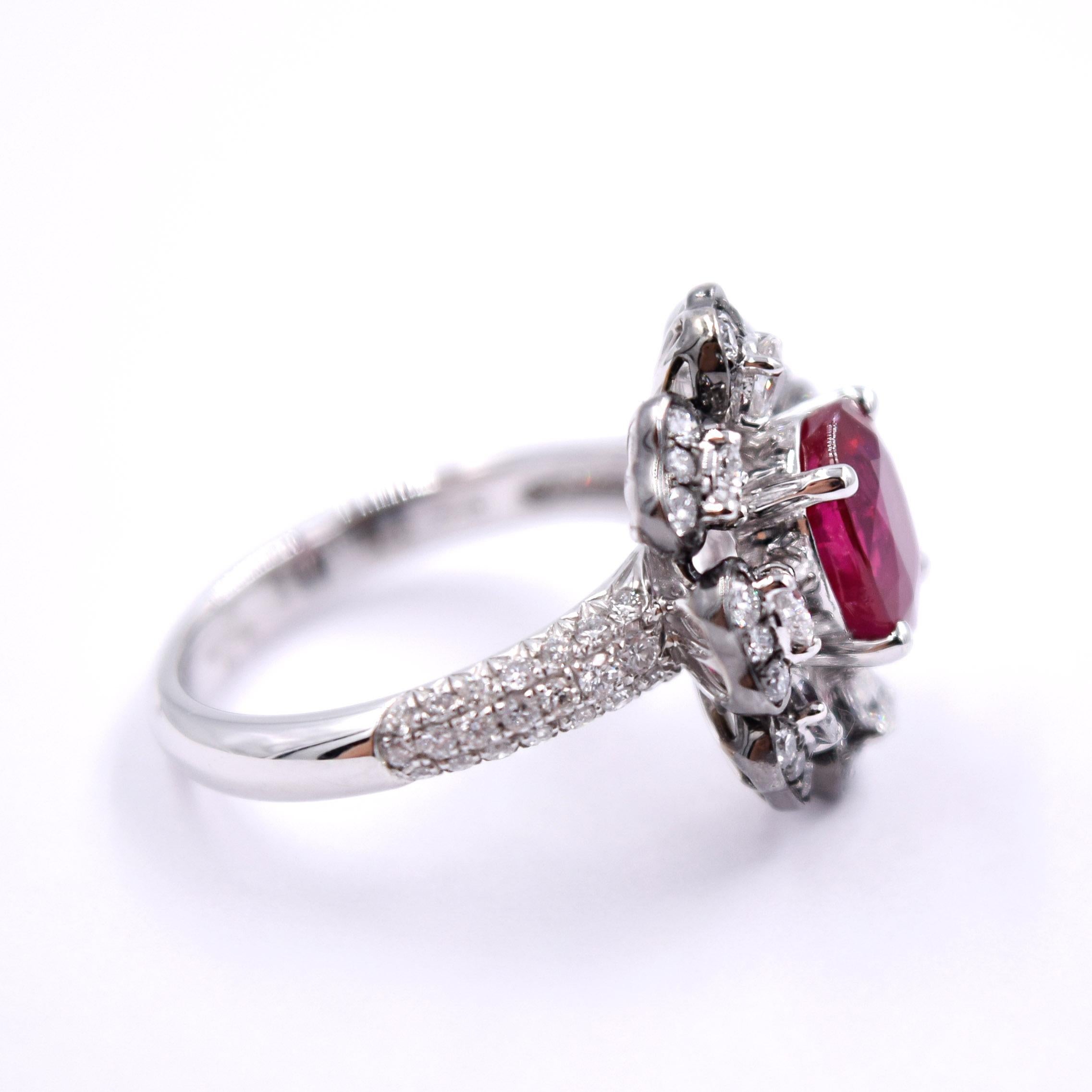 Women's 2.03 Carat Ruby and 1.08 Carat White Diamond Cocktail Ring in 18K Palladium Gold For Sale