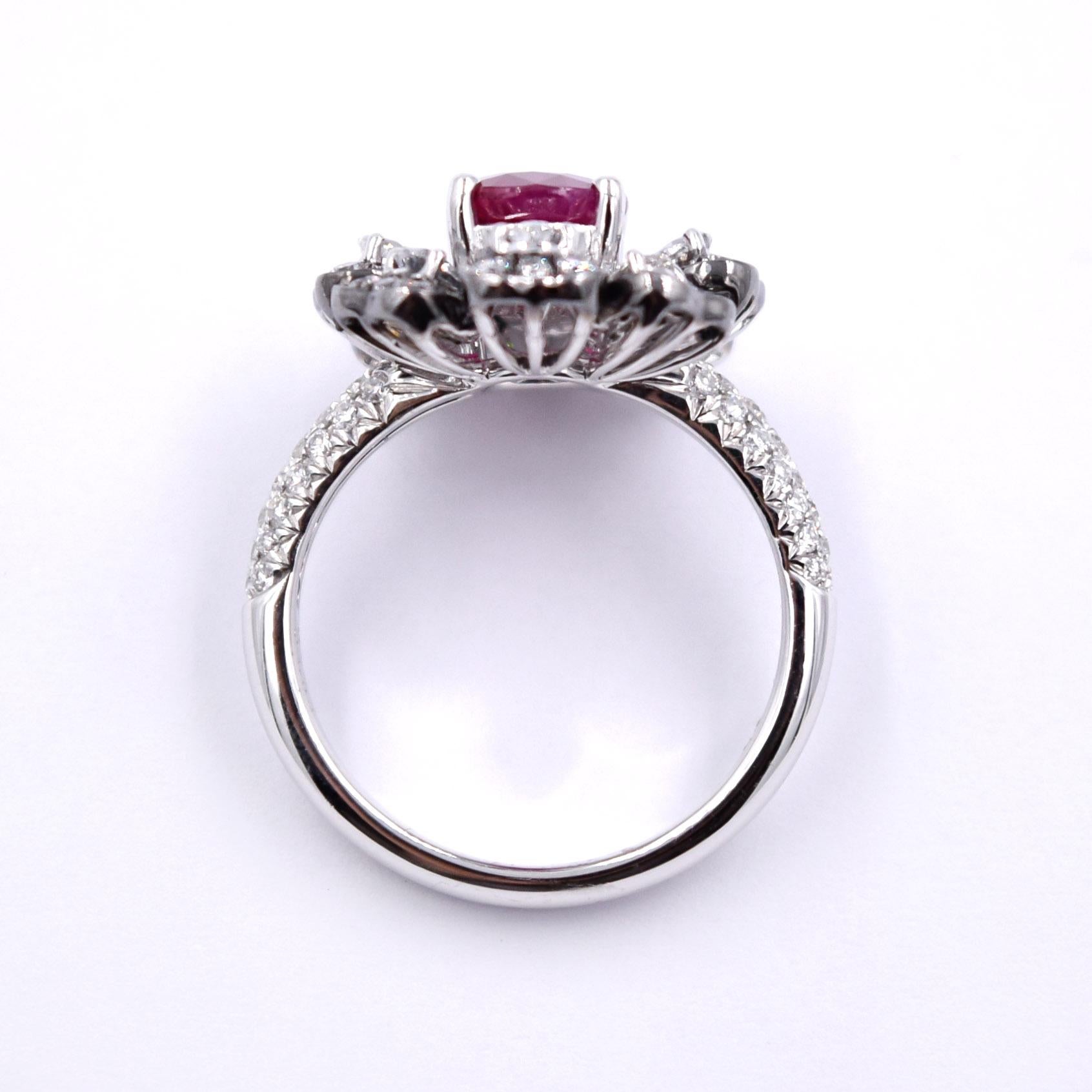 2.03 Carat Ruby and 1.08 Carat White Diamond Cocktail Ring in 18K Palladium Gold For Sale 2