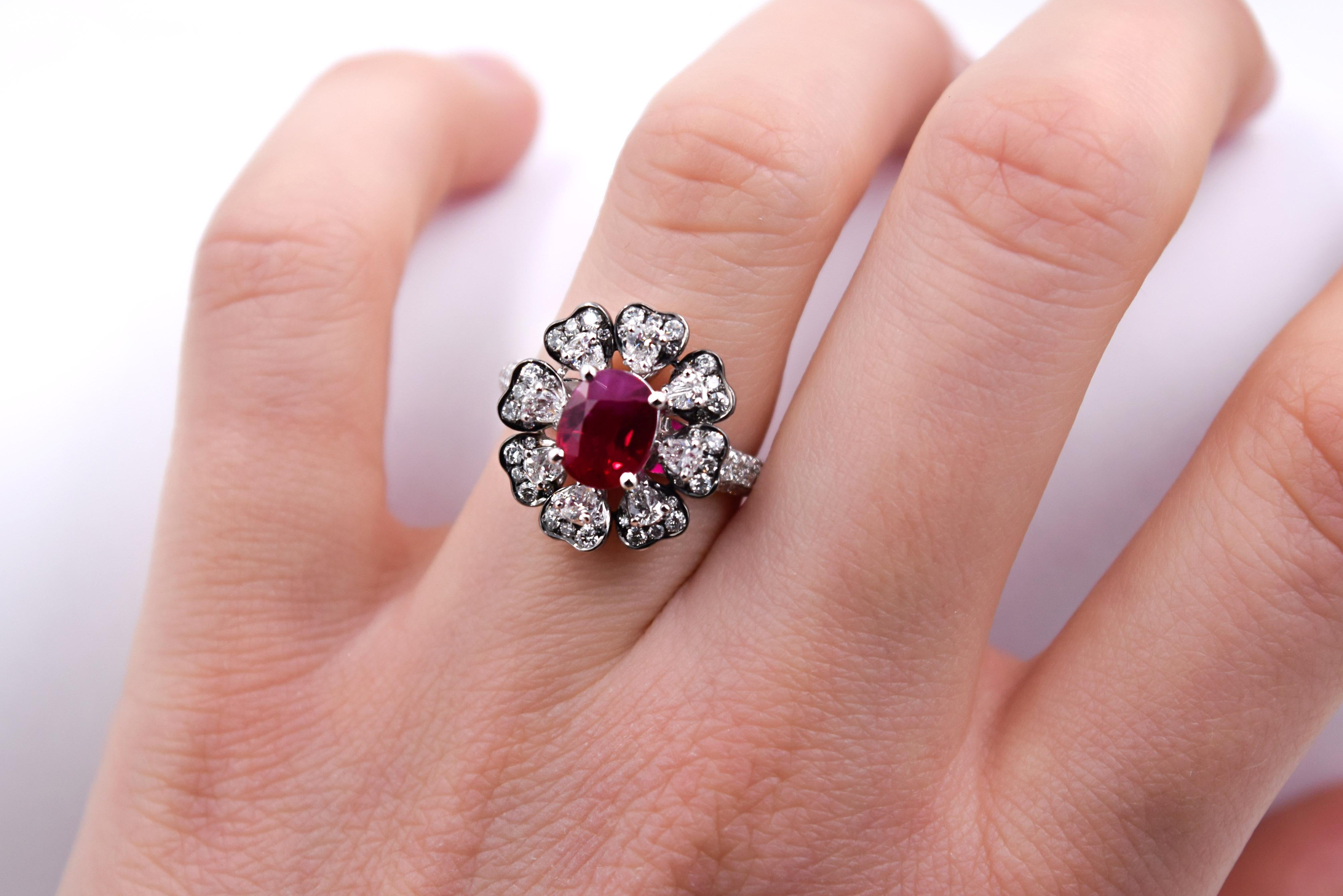 2.03 Carat Ruby and 1.08 Carat White Diamond Cocktail Ring in 18K Palladium Gold For Sale 3