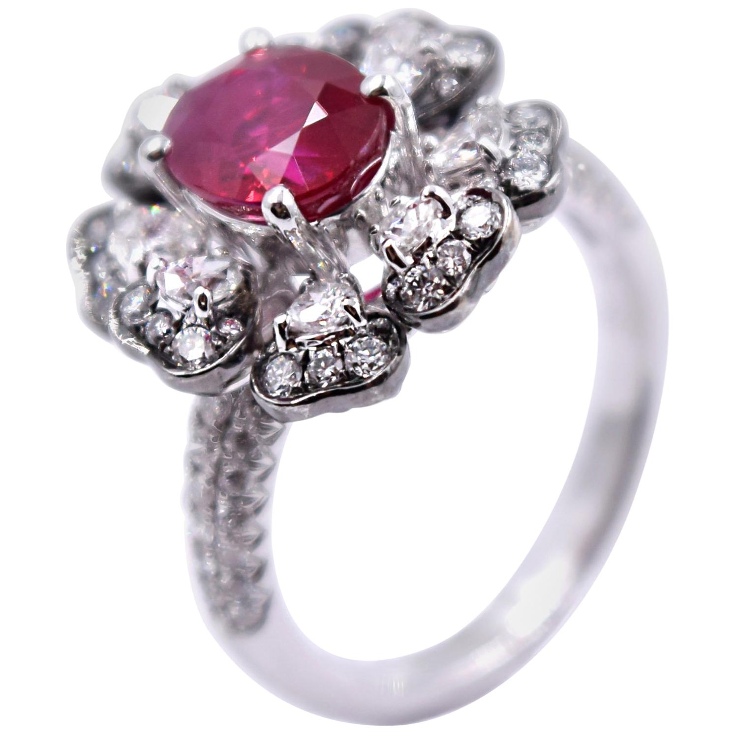 2.03 Carat Ruby and 1.08 Carat White Diamond Cocktail Ring in 18K Palladium Gold For Sale