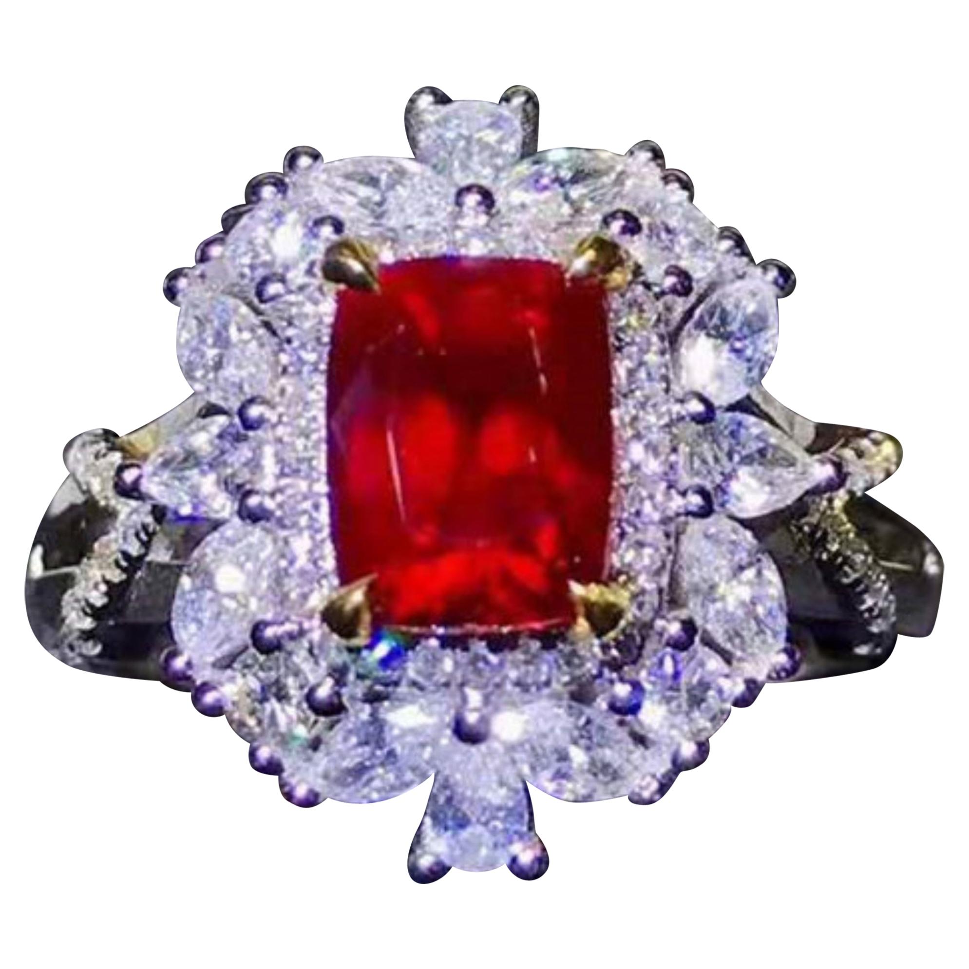 2.03 Carat Ruby Pigeon Red Blood Diamond Ring Unheated 18 Karat White Gold For Sale