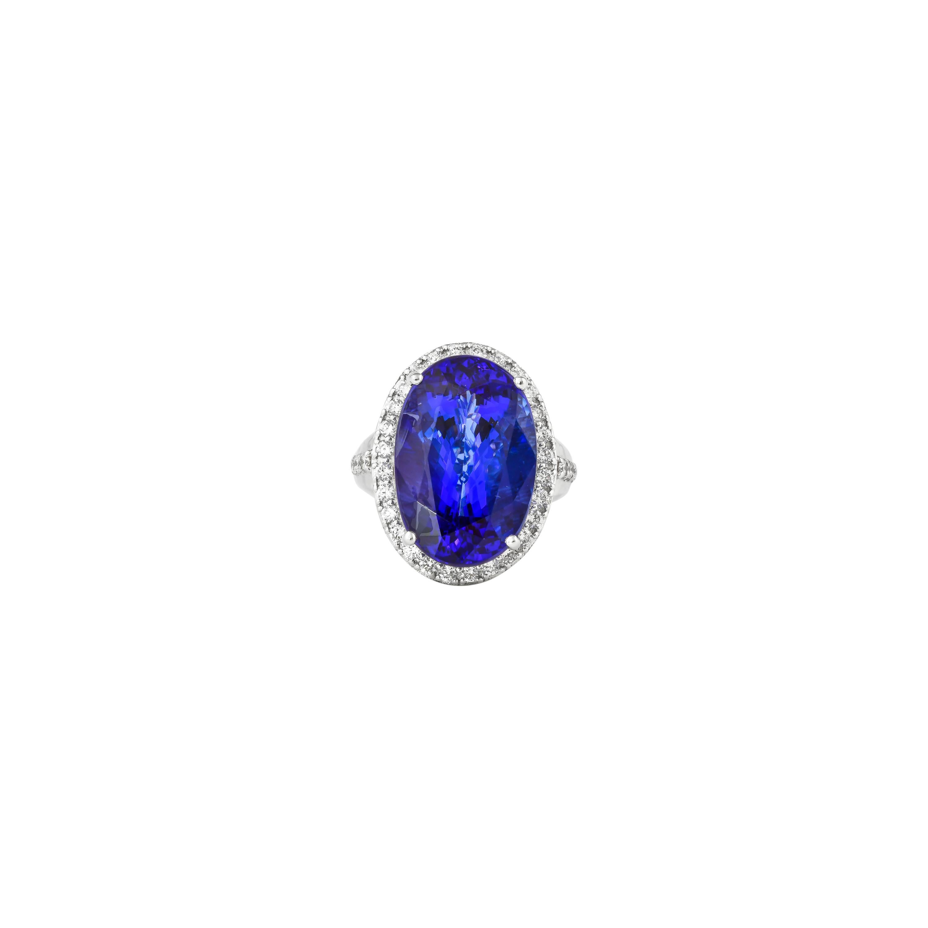 Oval Cut 20.3 Carat Tanzanite and White Diamond Ring in 18 Karat White Gold For Sale