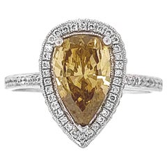 2.03 Carat T.W. Natural Mined Fancy Brown Yellow Pear Diamond Halo Platinum Ring