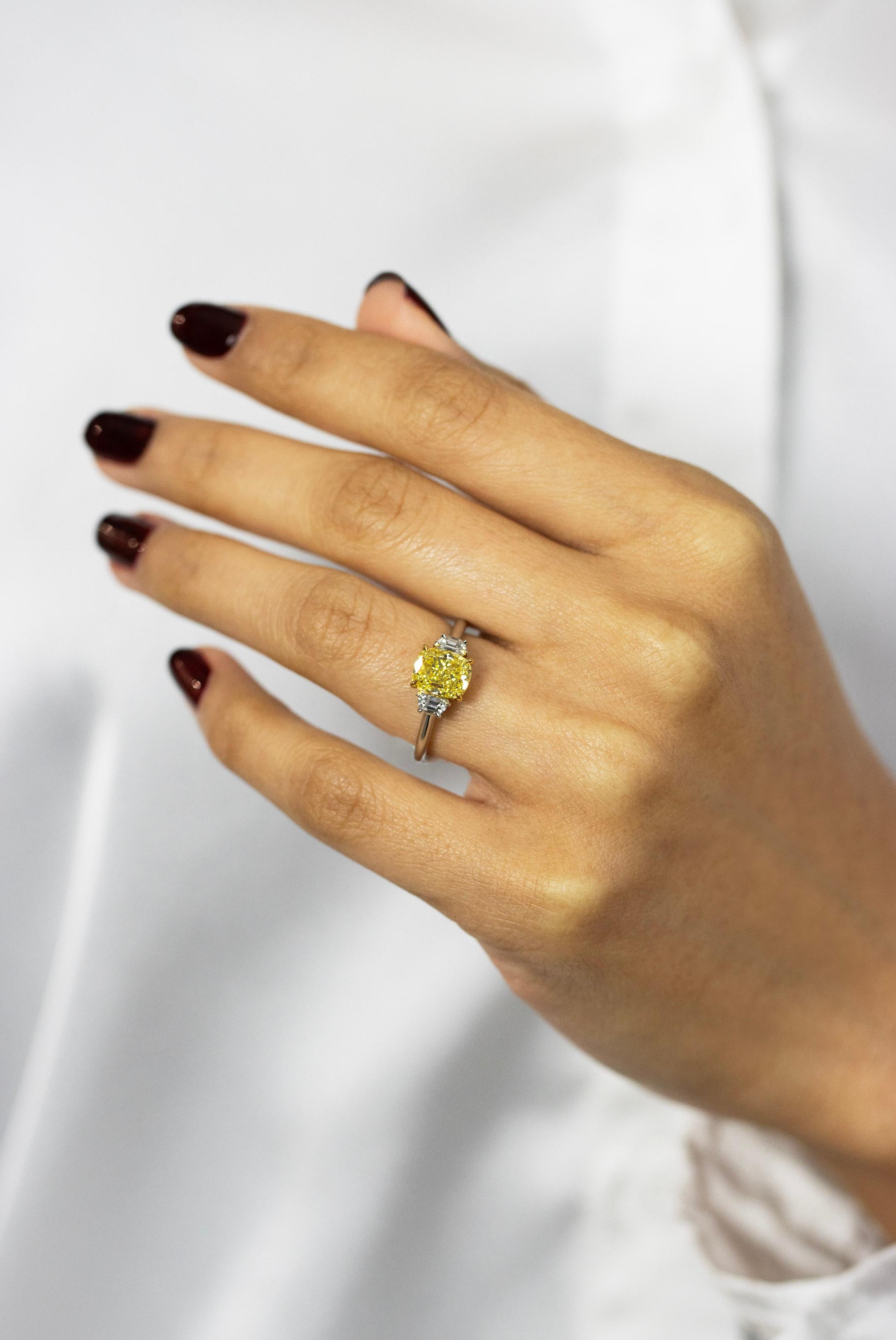 2.03 Carats Fancy Intense Yellow Diamond Three-Stone Engagement Ring In New Condition For Sale In New York, NY