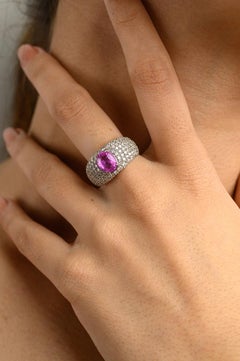 Oval Pink Sapphire Diamond Cocktail Dome Ring in 18k Solid White Gold