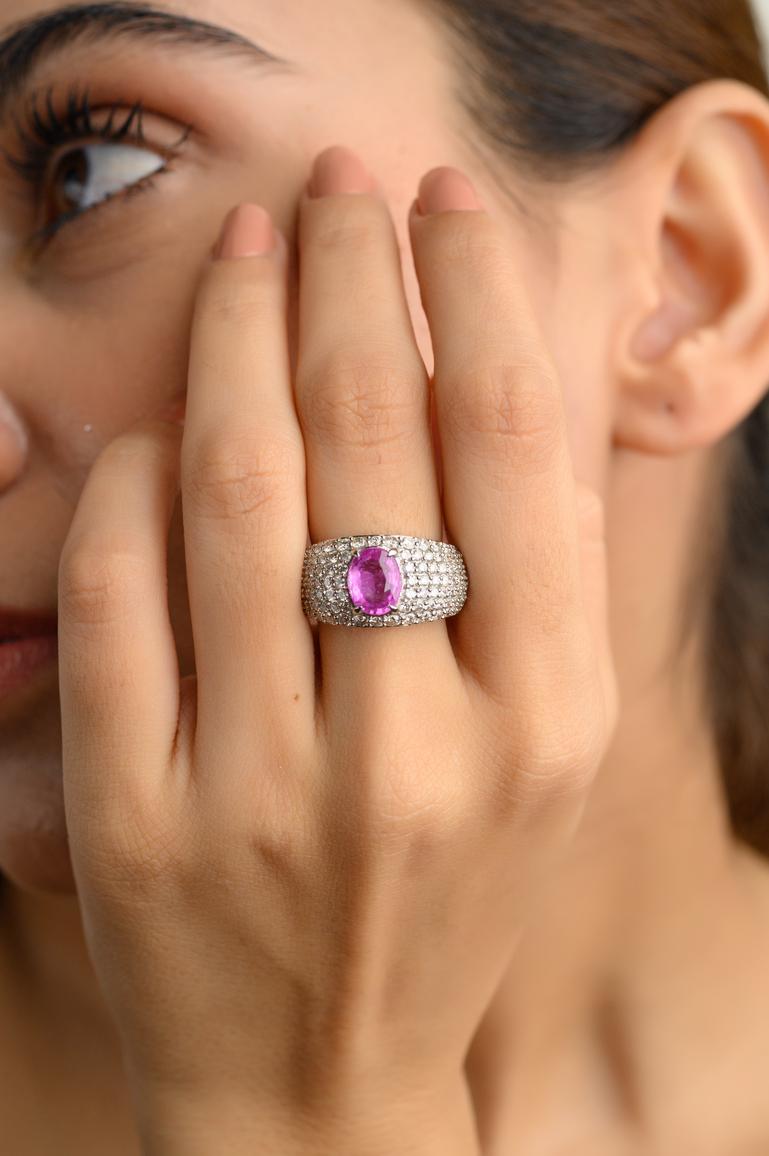 For Sale:  Oval Pink Sapphire Diamond Cocktail Dome Ring in 18k Solid White Gold 6