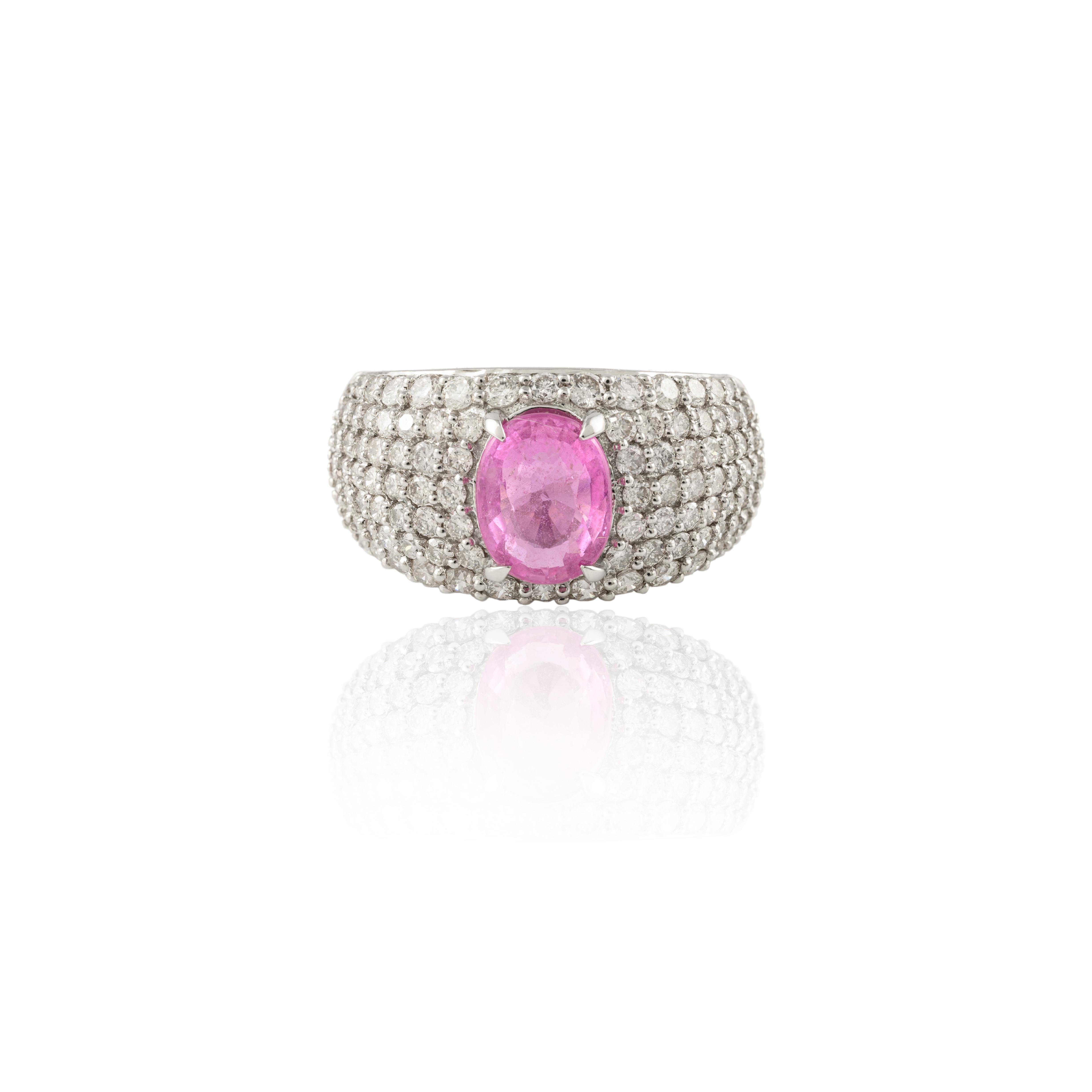For Sale:  Oval Pink Sapphire Diamond Cocktail Dome Ring in 18k Solid White Gold 8