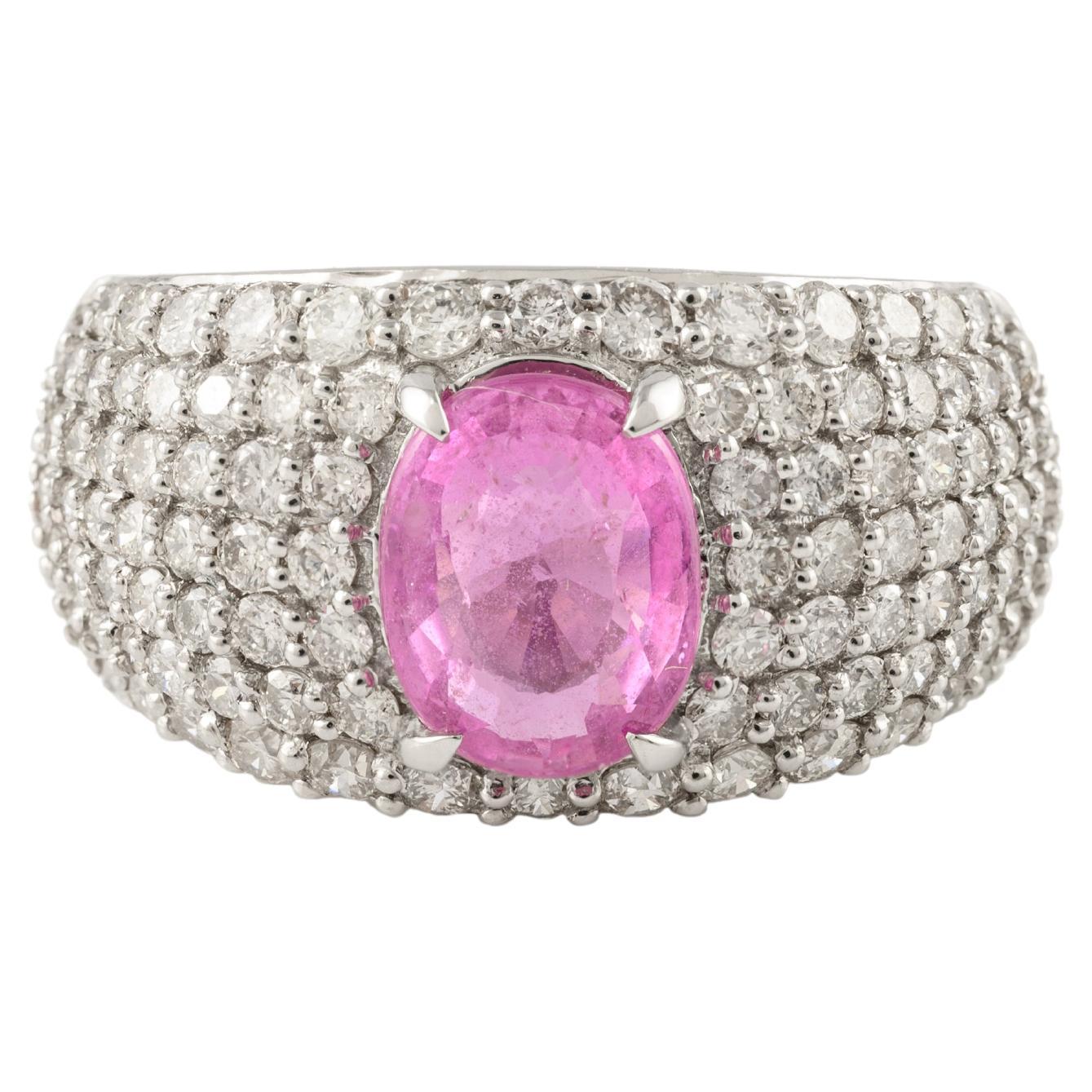 Oval Pink Sapphire Diamond Cocktail Dome Ring in 18k Solid White Gold