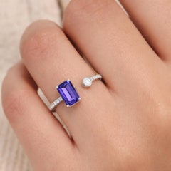 2.3 Tcw Emerald Cut Tanzanite & Diamond Bypass Open Band Ring 18K White Gold