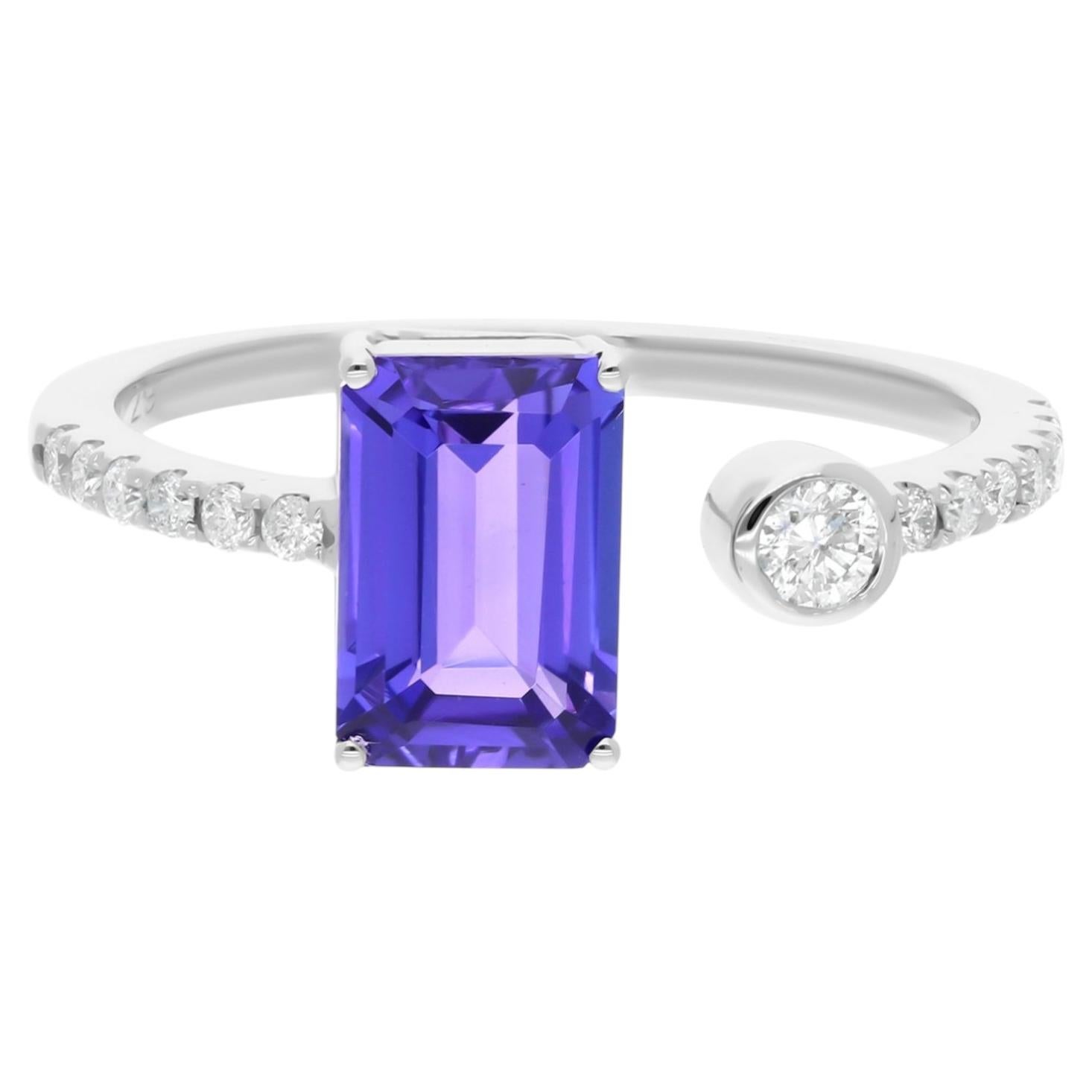 For Sale:  2.3 Tcw Emerald Cut Tanzanite & Diamond Bypass Open Band Ring 18K White Gold