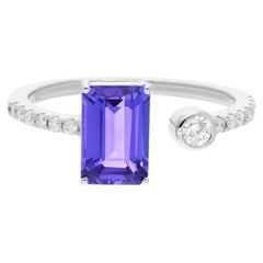 2.3 Tcw Emerald Cut Tanzanite & Diamond Bypass Open Band Ring 18K White Gold