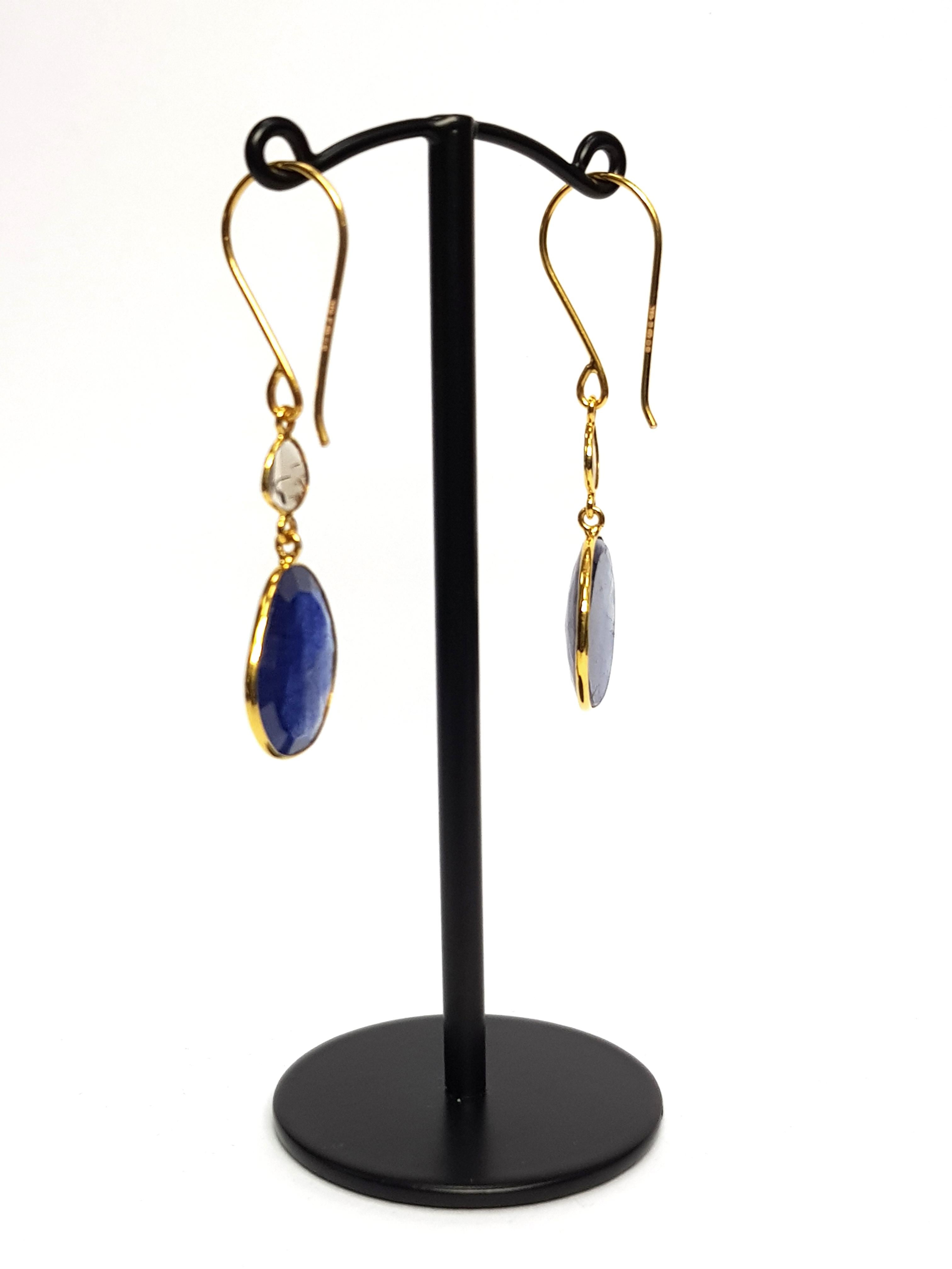 Women's 20.30 Carats Rose Cut Blue Sapphire Diamond 18 KT Yellow Gold Artisan Earrings 