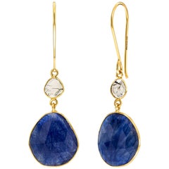 20.30 Carats Rose Cut Blue Sapphire Diamond 18 KT Yellow Gold Artisan Earrings 
