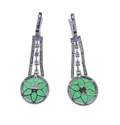 20.31ctw Jadeite Jade Sapphire Diamond Onyx Gold Drop Earrings