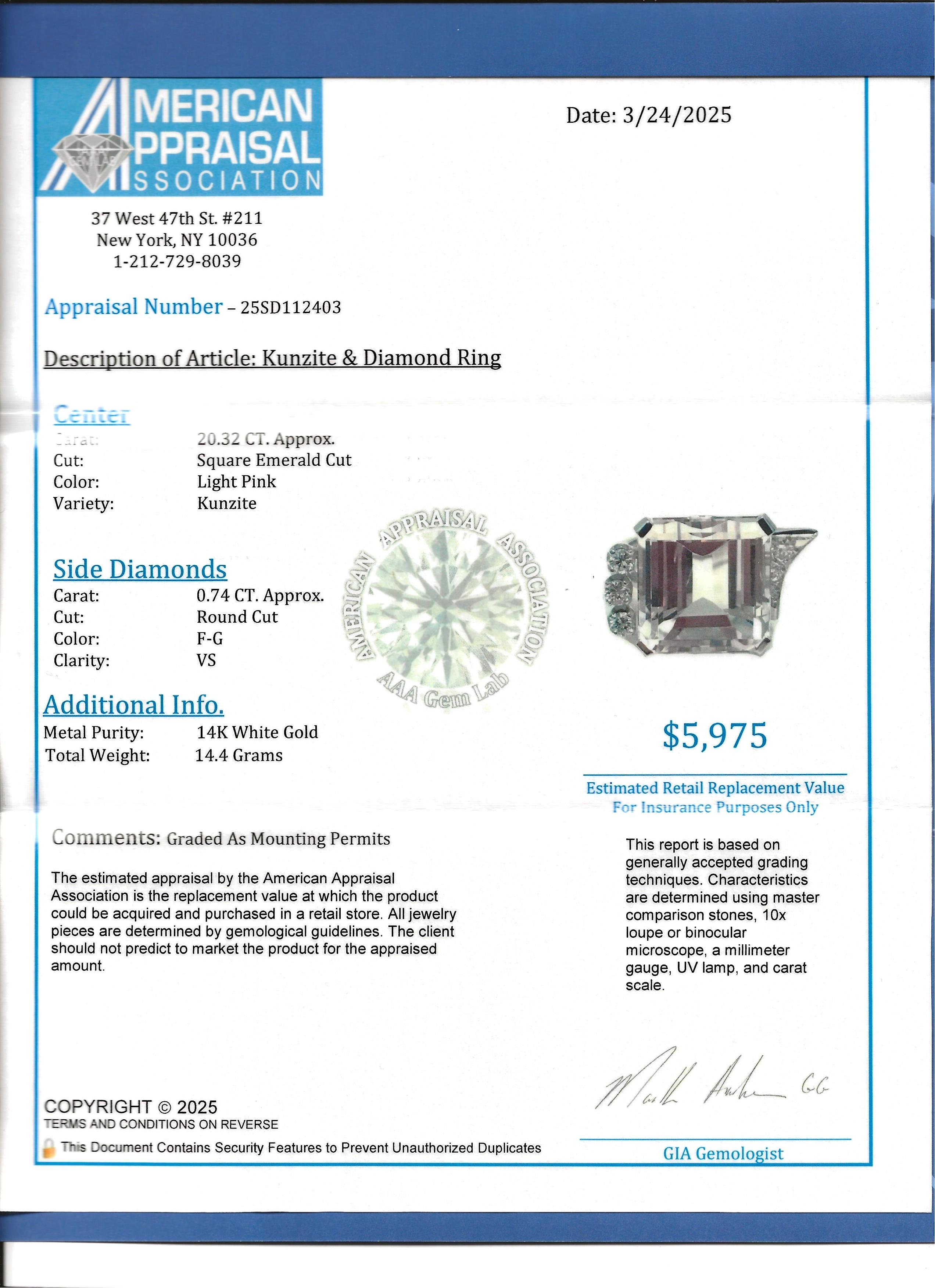 20,32 Karat Quadratischer Kunzit-Cocktailring mit Diamanten im Smaragdschliff aus 14 Karat Gold im Angebot 8