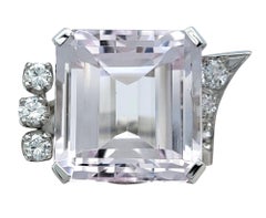 20.32 Carat Square Emerald Cut Kunzite Cocktail Ring with Diamonds 14 Karat Gold