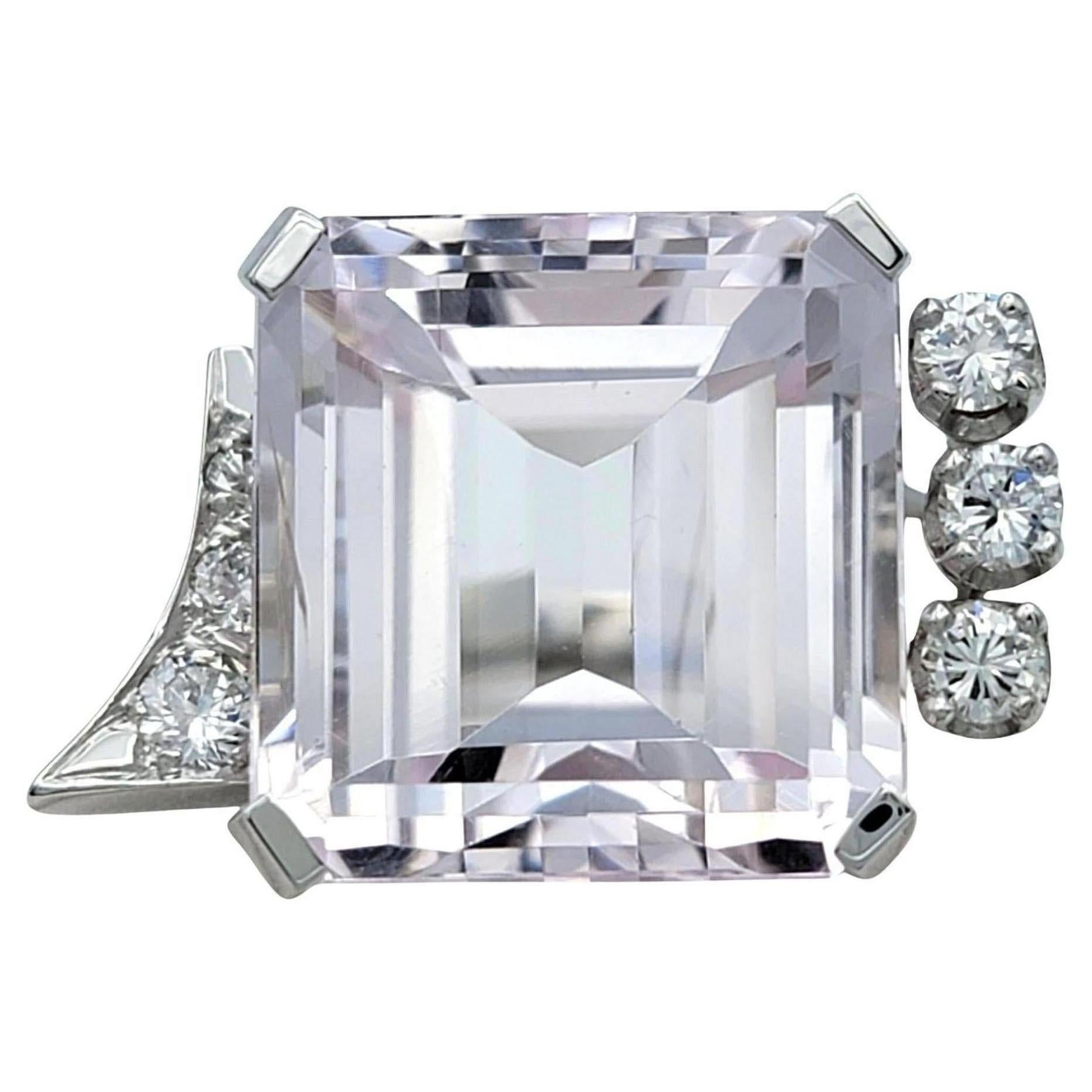 20.32 Carat Square Emerald Cut Kunzite Cocktail Ring with Diamonds 14 Karat Gold