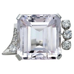 20.32 Carat Square Emerald Cut Kunzite Cocktail Ring with Diamonds 14 Karat Gold