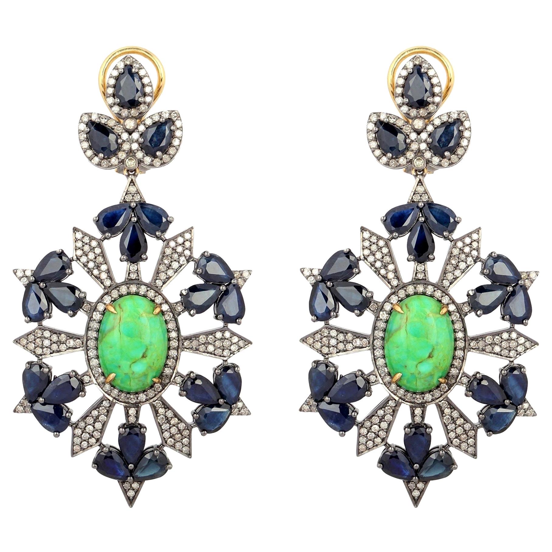 20.33 Carat Blue Sapphire Turquoise Diamond Earrings