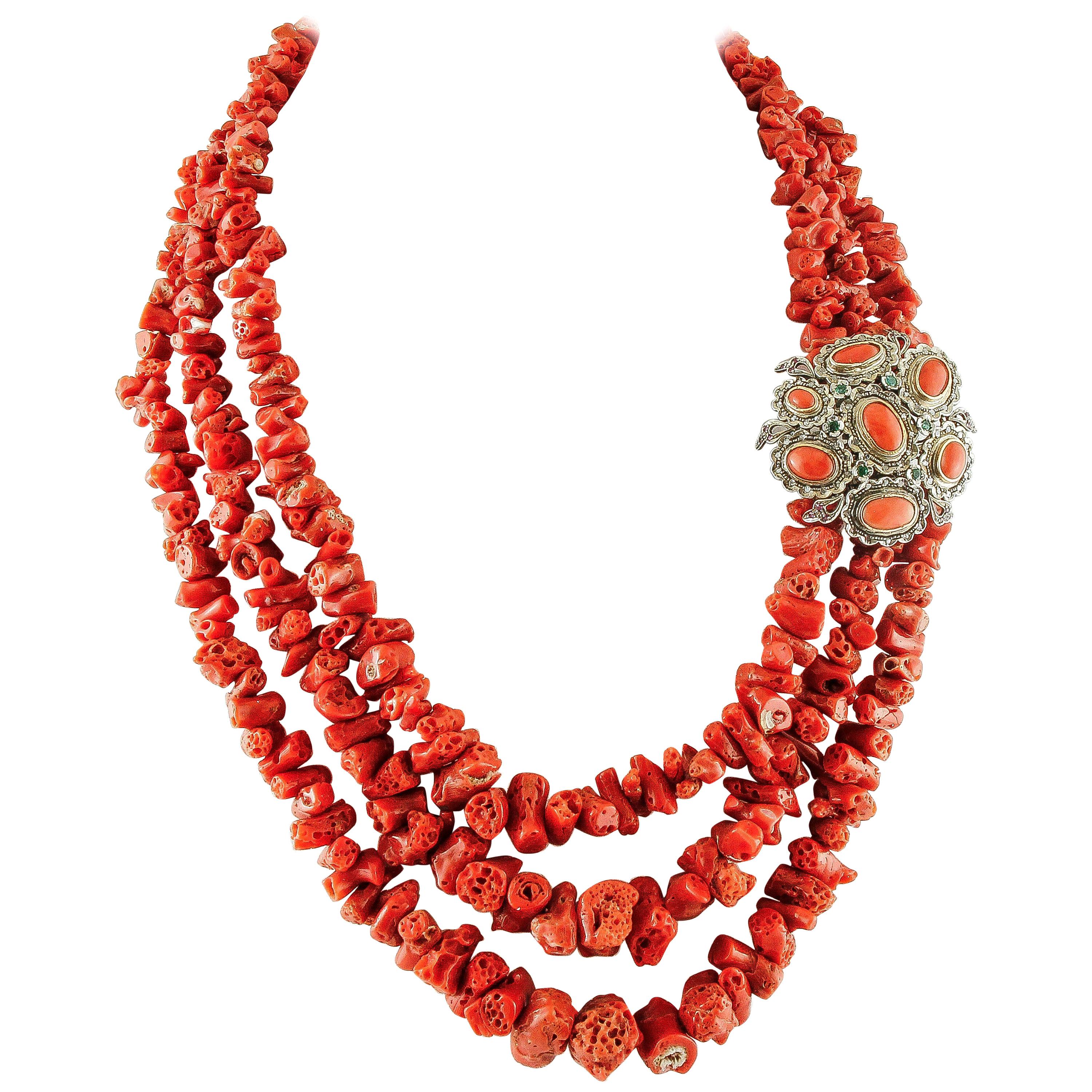 203.4 g Red Coral, Diamonds Emeralds, Gold and Silver Multi-Strands Necklace
